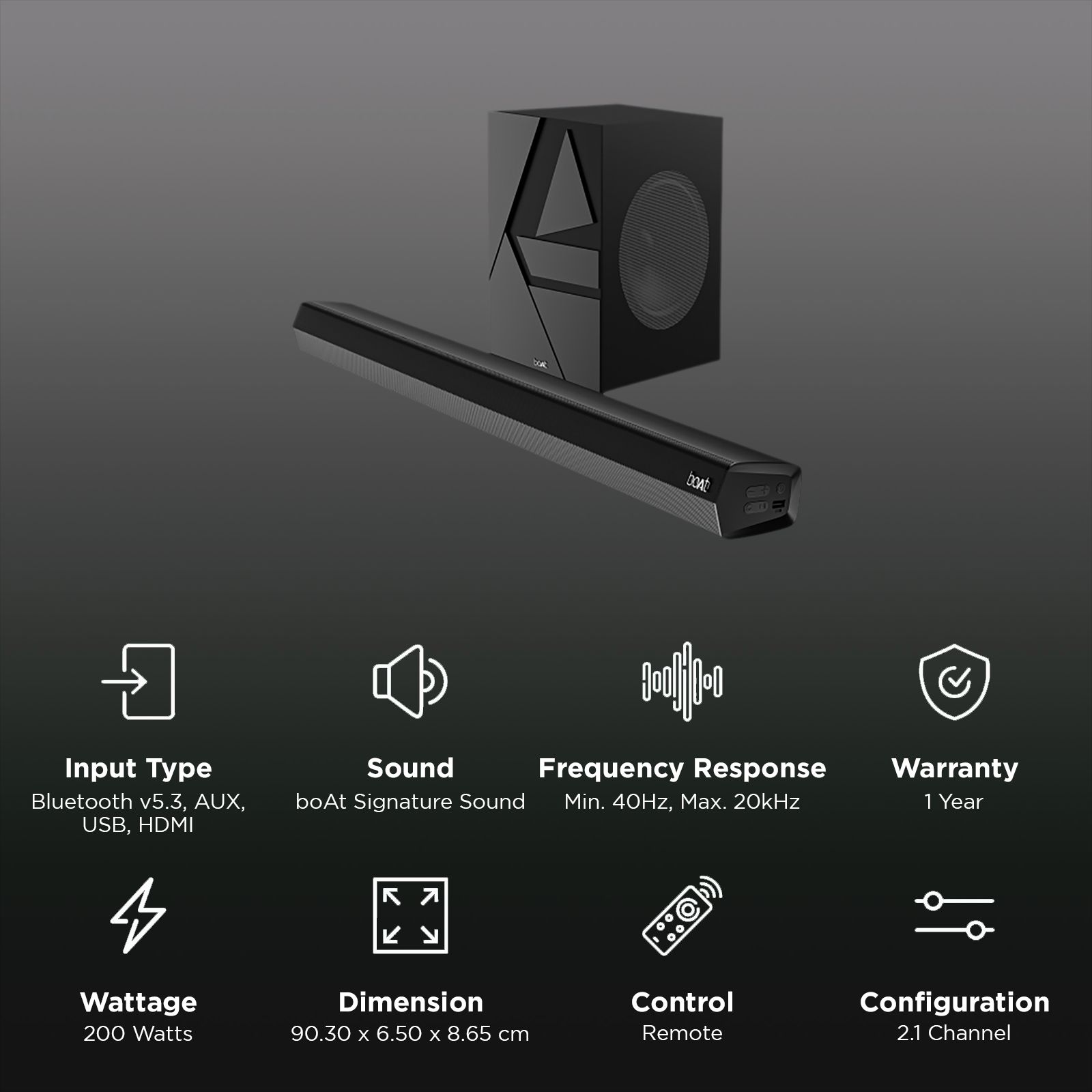boAt Aavante Bar Quake 200W Bluetooth Soundbar with Remote (Entertainment EQ Modes, 2.1 Channel, Black) boAt Aavante Bar Quake 200W Bluetooth Soundbar with Remote (Entertainment EQ Modes, 2.1 Channel, Black)_2