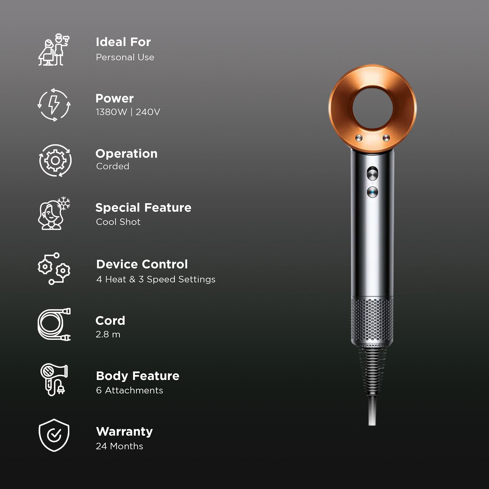 dyson Supersonic Hair Dryer with 4 Heat Settings & Cool Shot (Diffuser, Nickel & Copper)_2