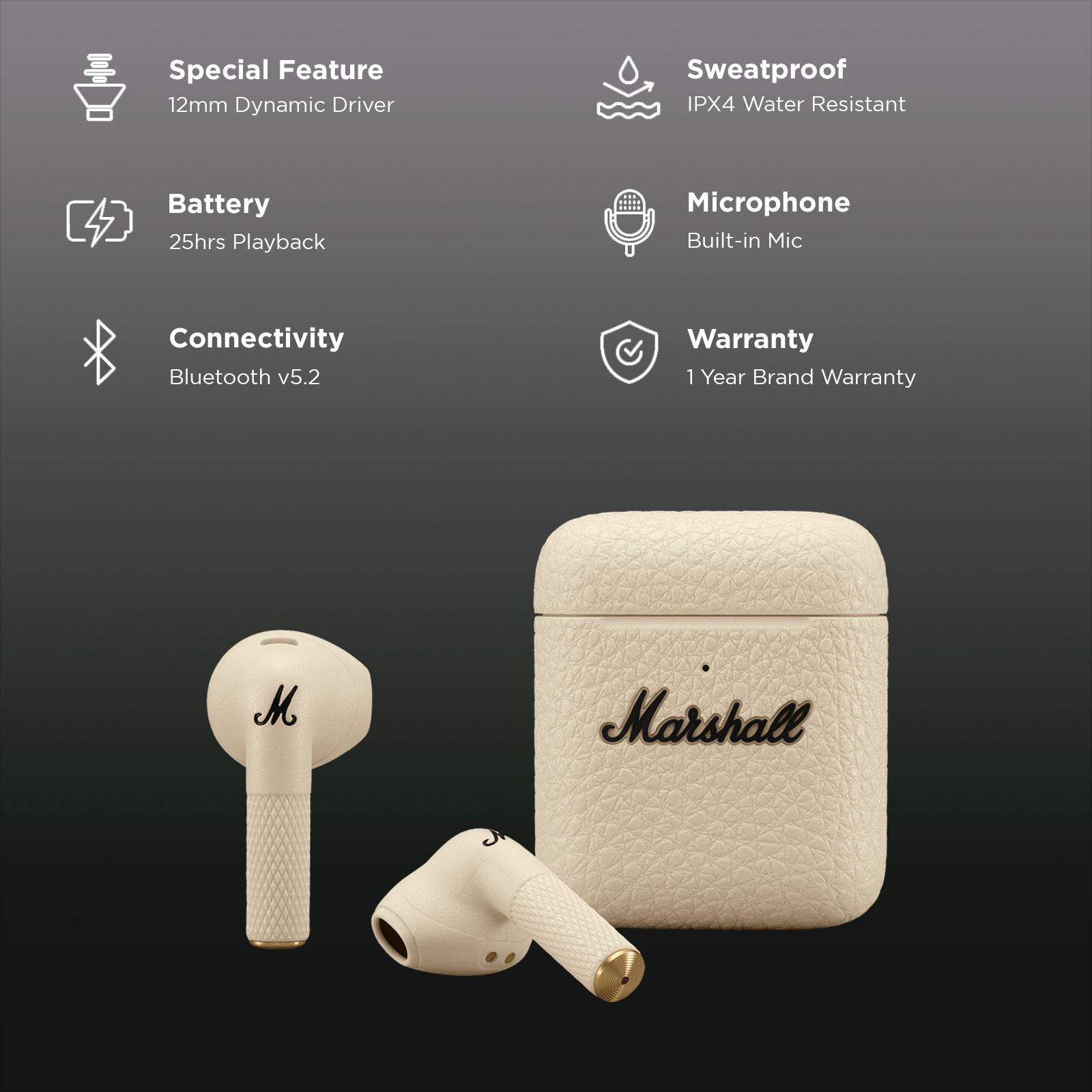 Marshall Minor III MS-MIN3BT TWS Earbuds (IPX4 Water Resistant, 25 Hours Playback, Cream) Marshall Minor III MS-MIN3BT TWS Earbuds (IPX4 Water Resistant, 25 Hours Playback, Cream)_2