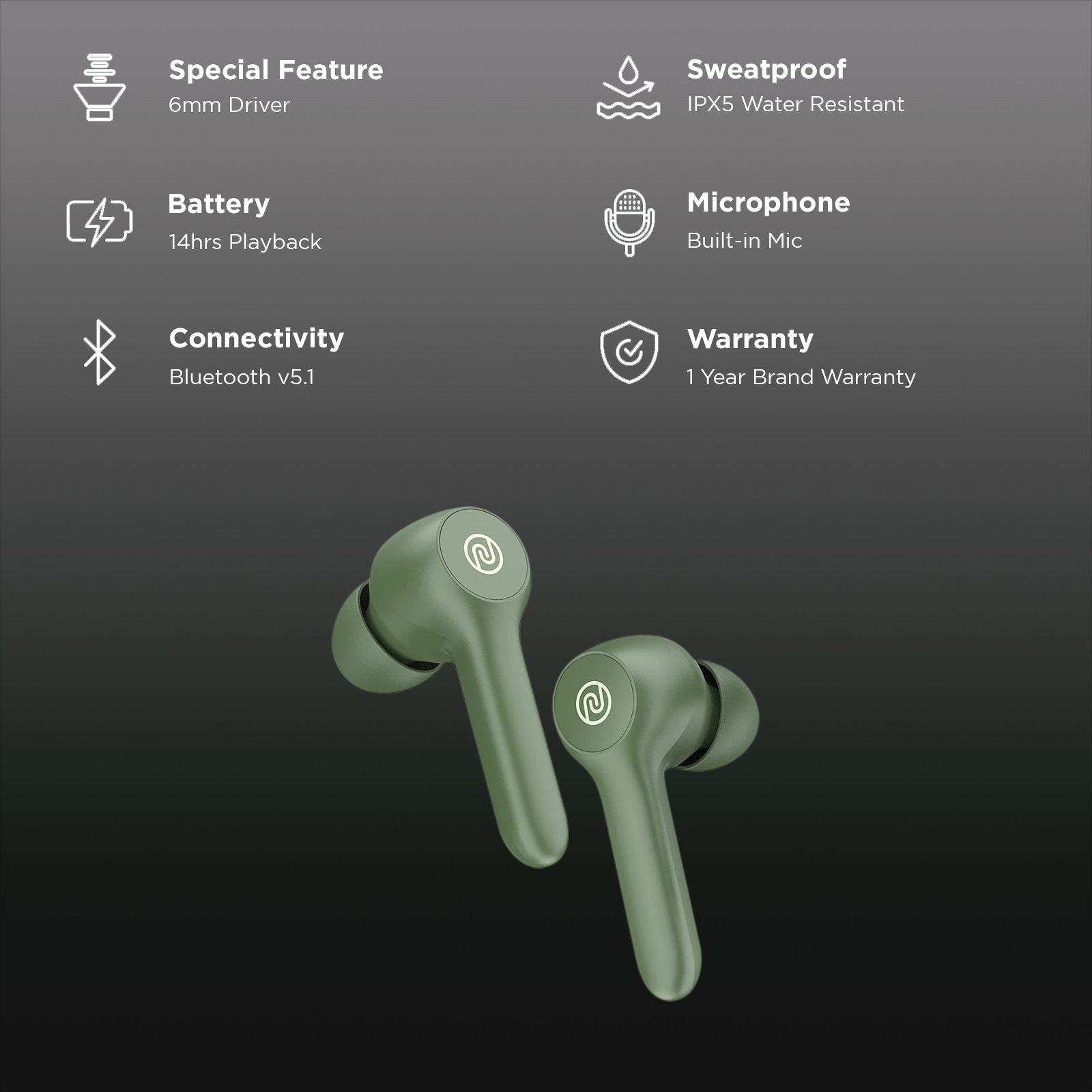 noise Buds VS201 TWS Earbuds (IPX5 Water Resistant, 6mm Driver, Olive Green)_2