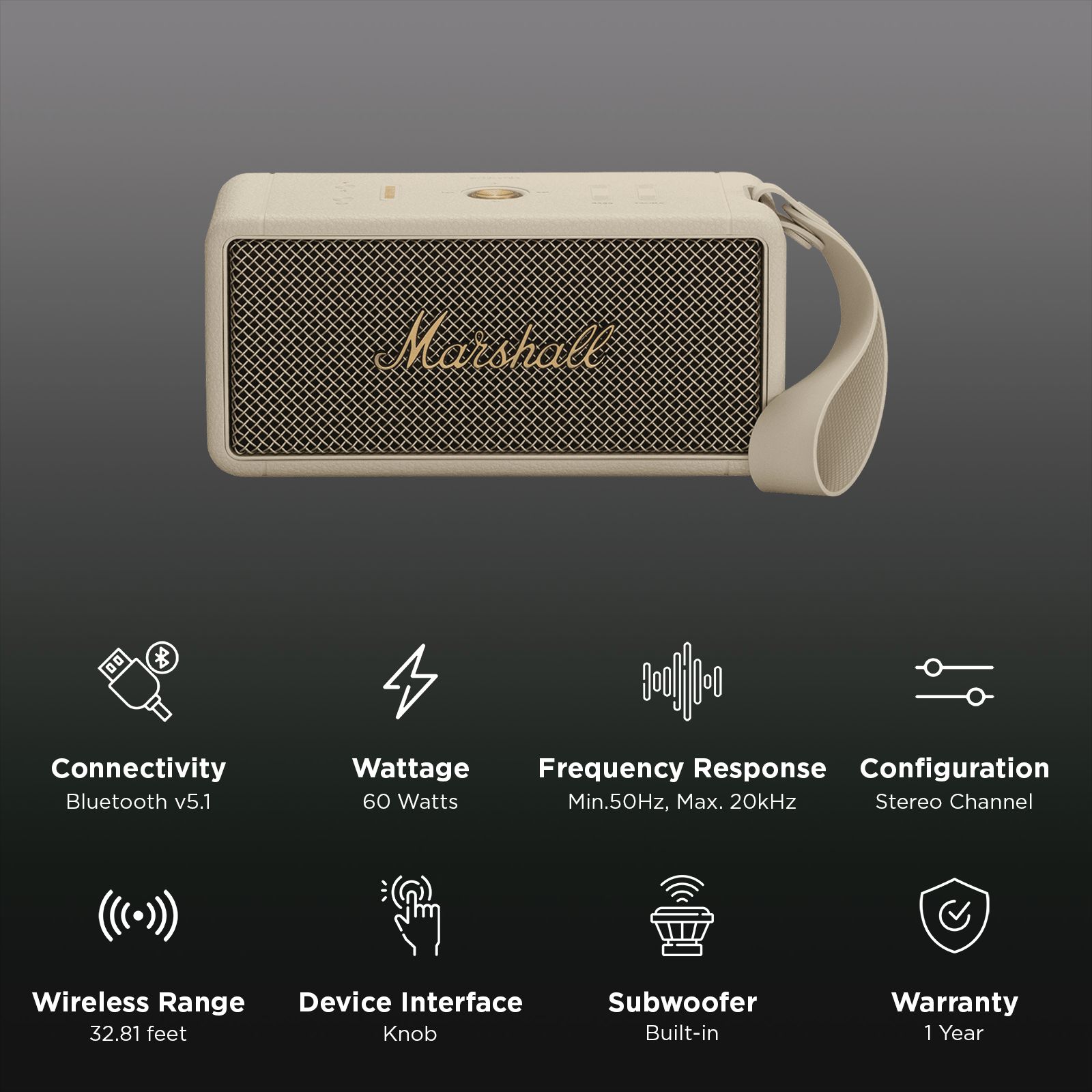 Marshall Middleton Portable Bluetooth Speaker (IP67 Water Resistant, 20 Plus Hours Playtime, Stereo Channel, Cream) Marshall Middleton Portable Bluetooth Speaker (IP67 Water Resistant, 20 Plus Hours Playtime, Stereo Channel, Cream)_3