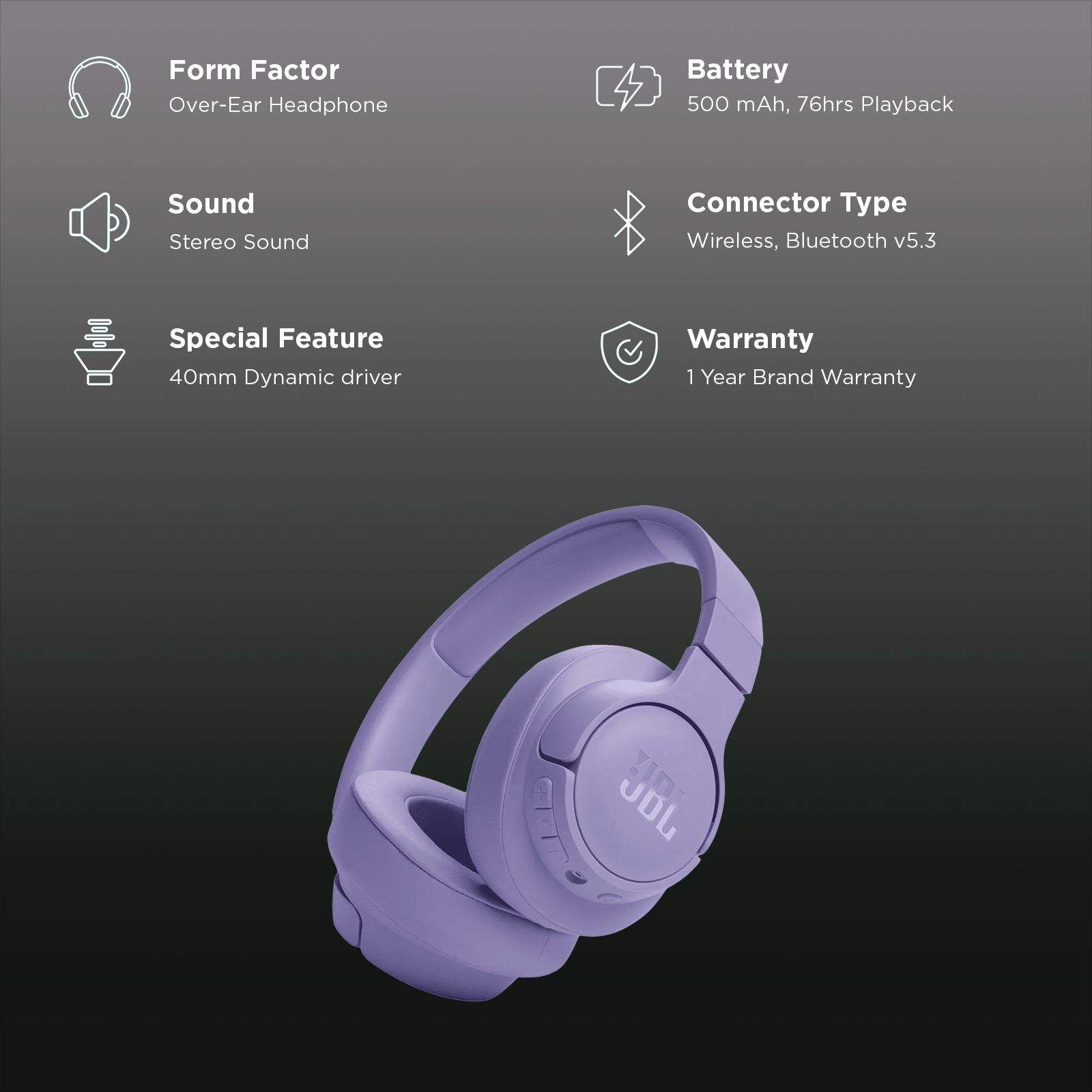 JBL Tune 720BT Bluetooth Headphone with Mic (Upto 76 Hours Playback, Over Ear, Purple)_2