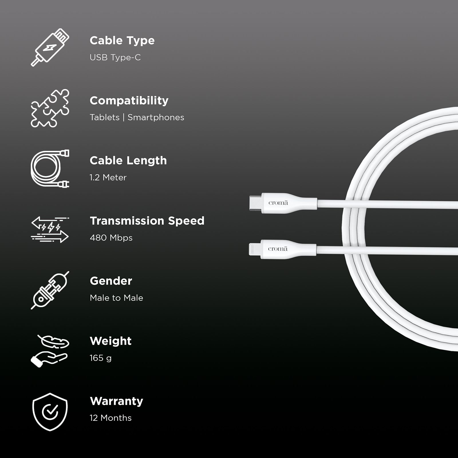 Croma Type C to Lightning 3.9 Feet (1.2M) Cable (Apple Certified, White)_2