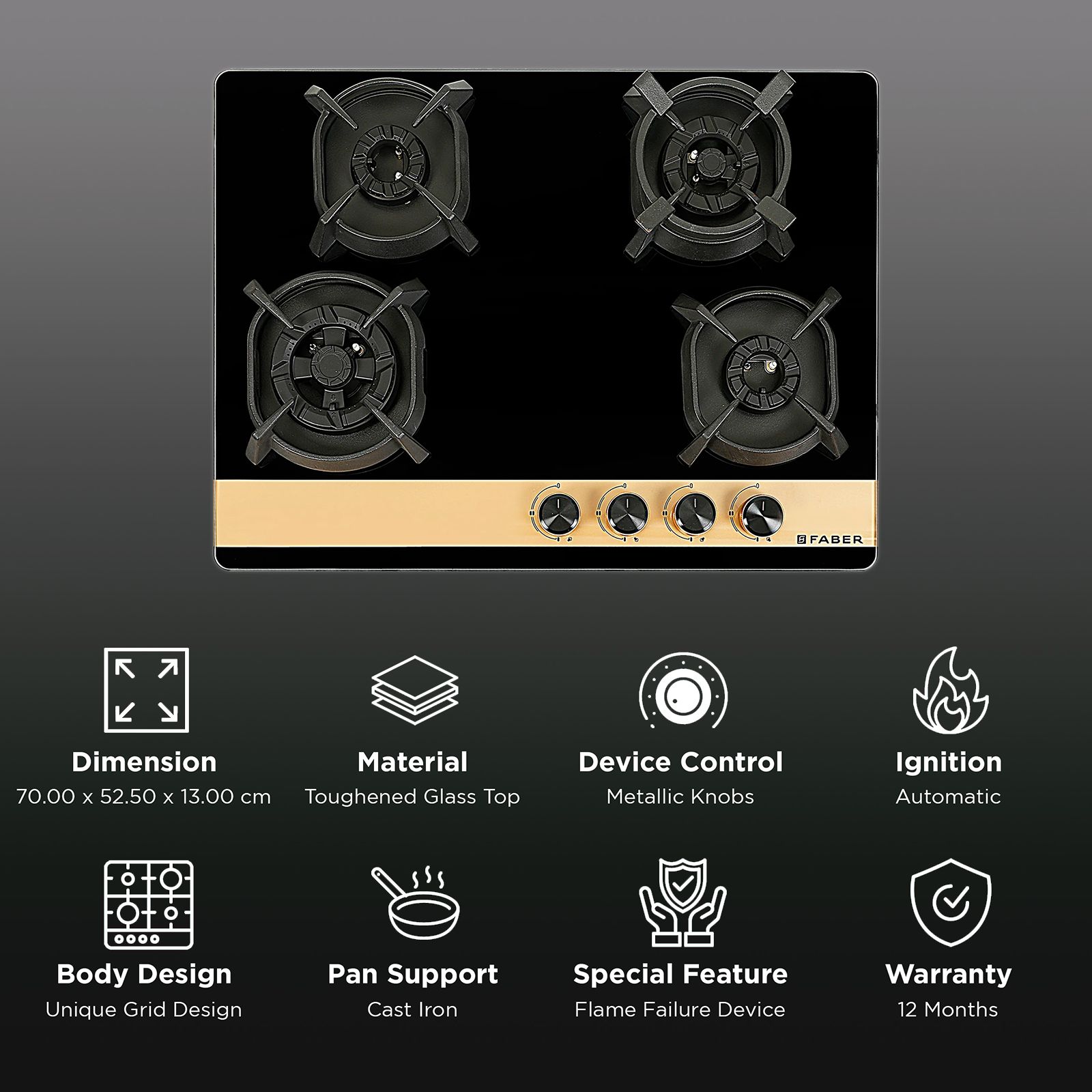 FABER Utopia Pro HT 704 BR CI Toughened Glass Top 4 Burner Automatic Hob (Flame Failure Device, Black) FABER Utopia Pro HT 704 BR CI Toughened Glass Top 4 Burner Automatic Hob (Flame Failure Device, Black)_3