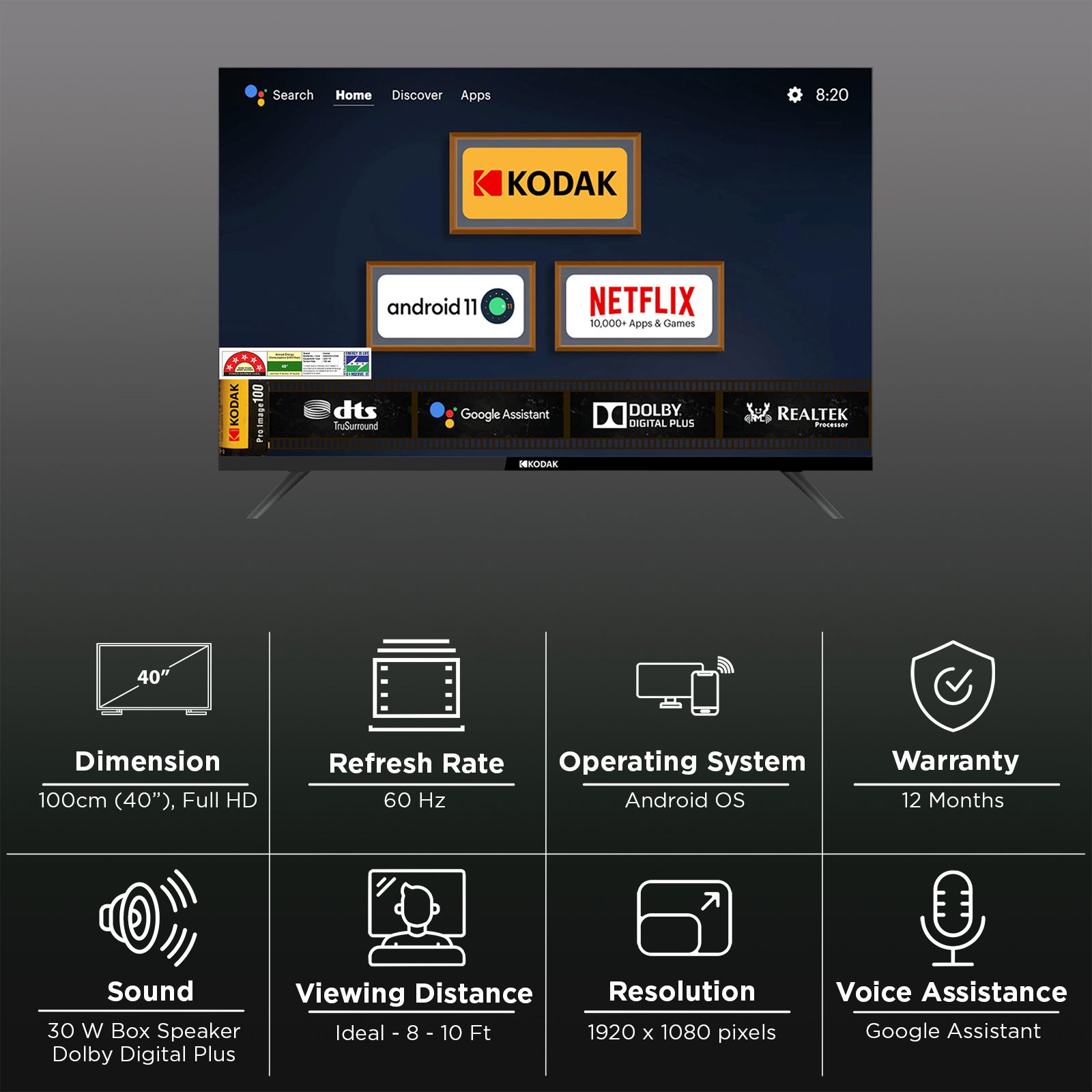 KODAK 9XPRO 100 cm (40 inch) Full HD LED Smart Android TV with Dolby Digital Plus (2024 model) KODAK 9XPRO 100 cm (40 inch) Full HD LED Smart Android TV with Dolby Digital Plus (2024 model)_3