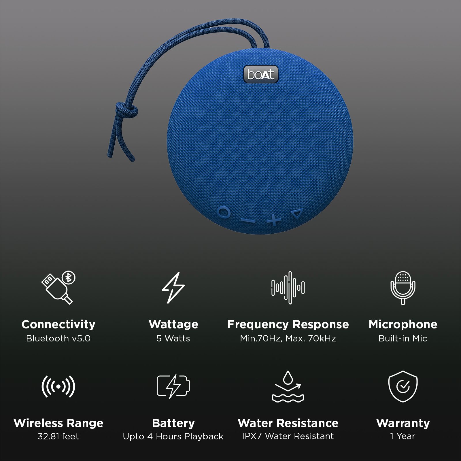 boAt Stone 193 5W Portable Bluetooth Speaker (IPX7 Water Resistant, Type - C Charging, Classic Blue)_3
