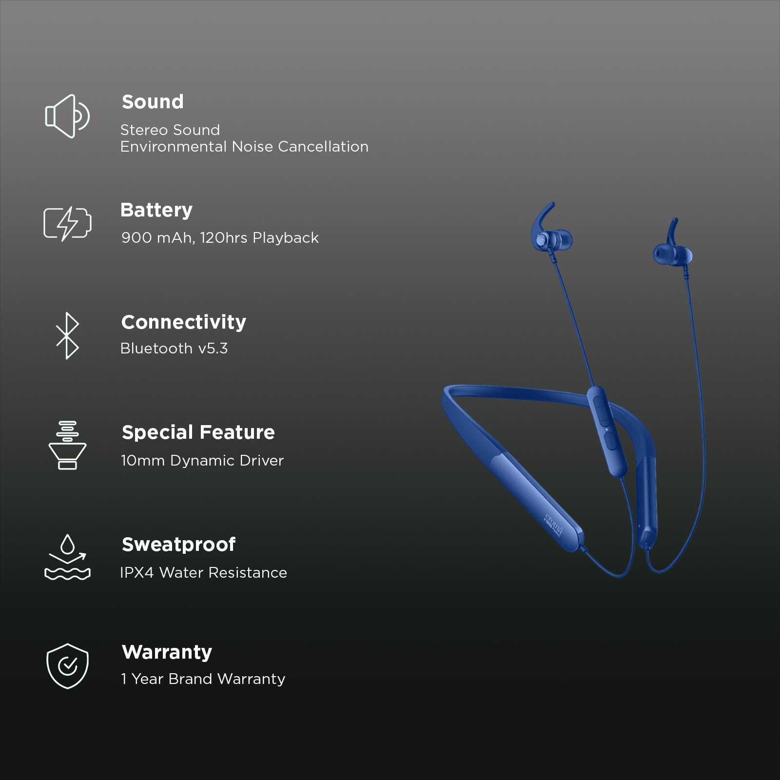 Croma Neckband with Environmental Noise Cancellation (IPX4 Water Resistant, Dual Device Pairing, Blue)_2