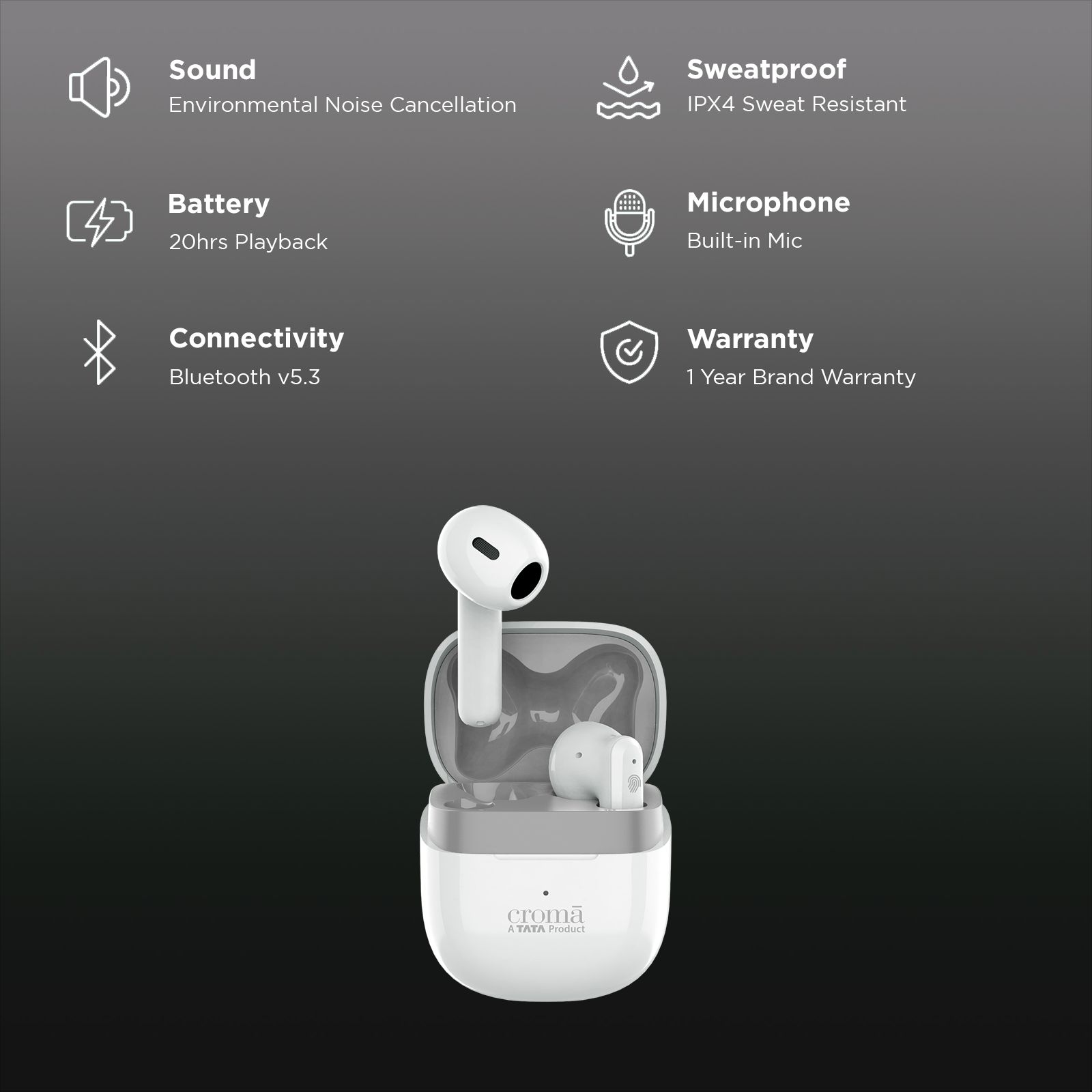 Croma TWS Earbuds with Environmental Noise Cancellation (IPX4 Waterproof, Fast Charging, White and Grey)_2