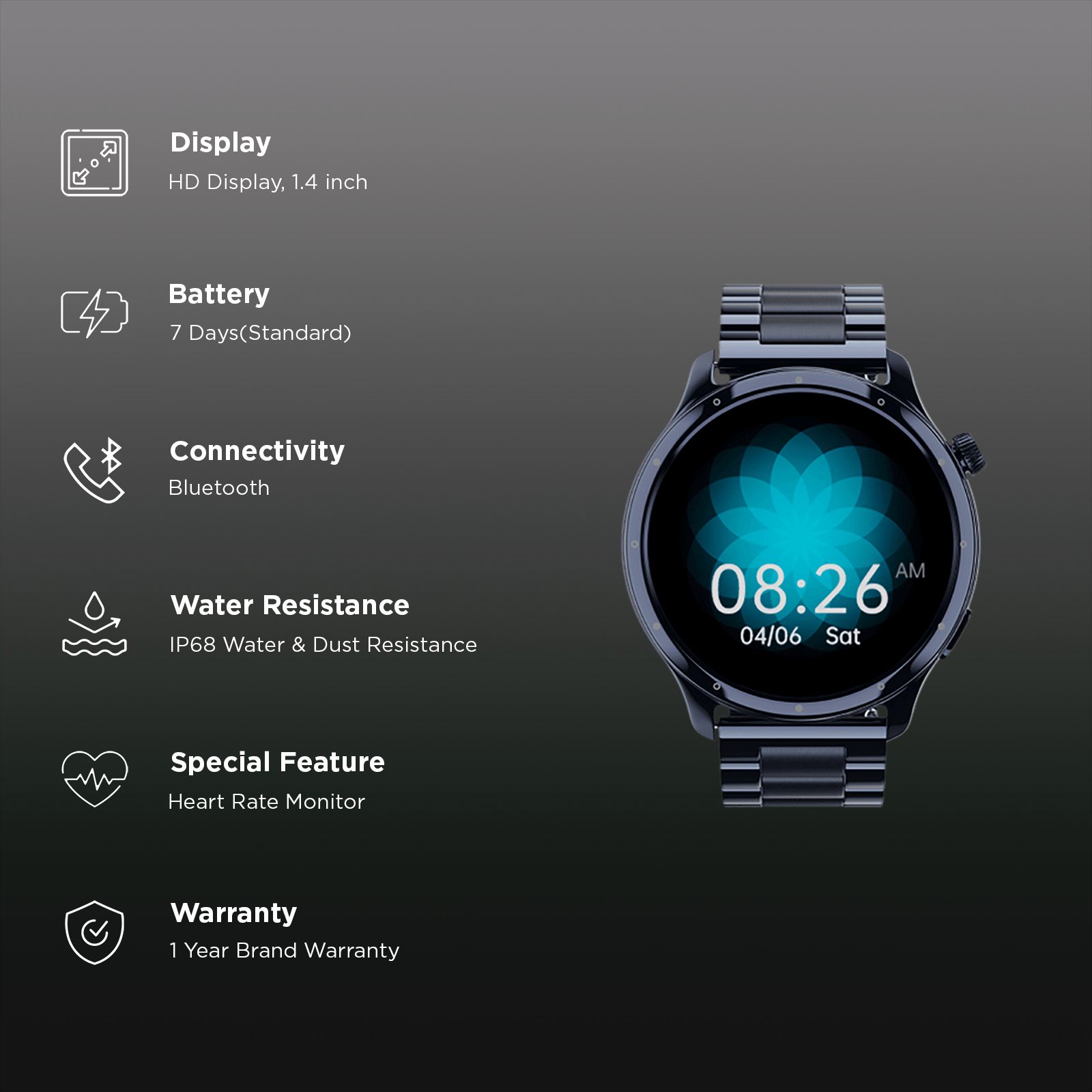 noise NoiseFit Mettle Smartwatch with Bluetooth Calling (35.56mm HD Display, IP68 Water Resistant, Elite Black Strap)_2