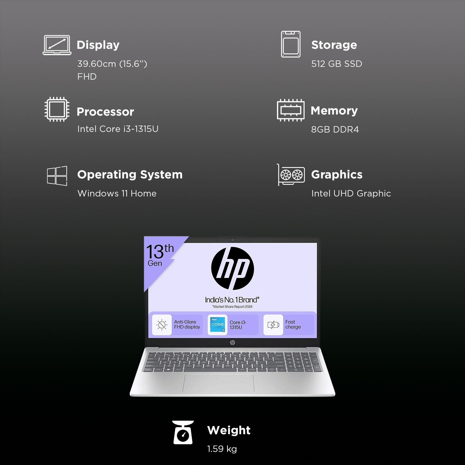 HP 15-fd0006TU Intel Core i3 13th Gen (15.6 inch, 8GB, 512GB, Windows 11 Home, MS Office 2021, Intel UHD, FHD Display, Natural Silver, 7P6Z8PA) HP 15-fd0006TU Intel Core i3 13th Gen (15.6 inch, 8GB, 512GB, Windows 11 Home, MS Office 2021, Intel UHD, FHD Display, Natural Silver, 7P6Z8PA)_3