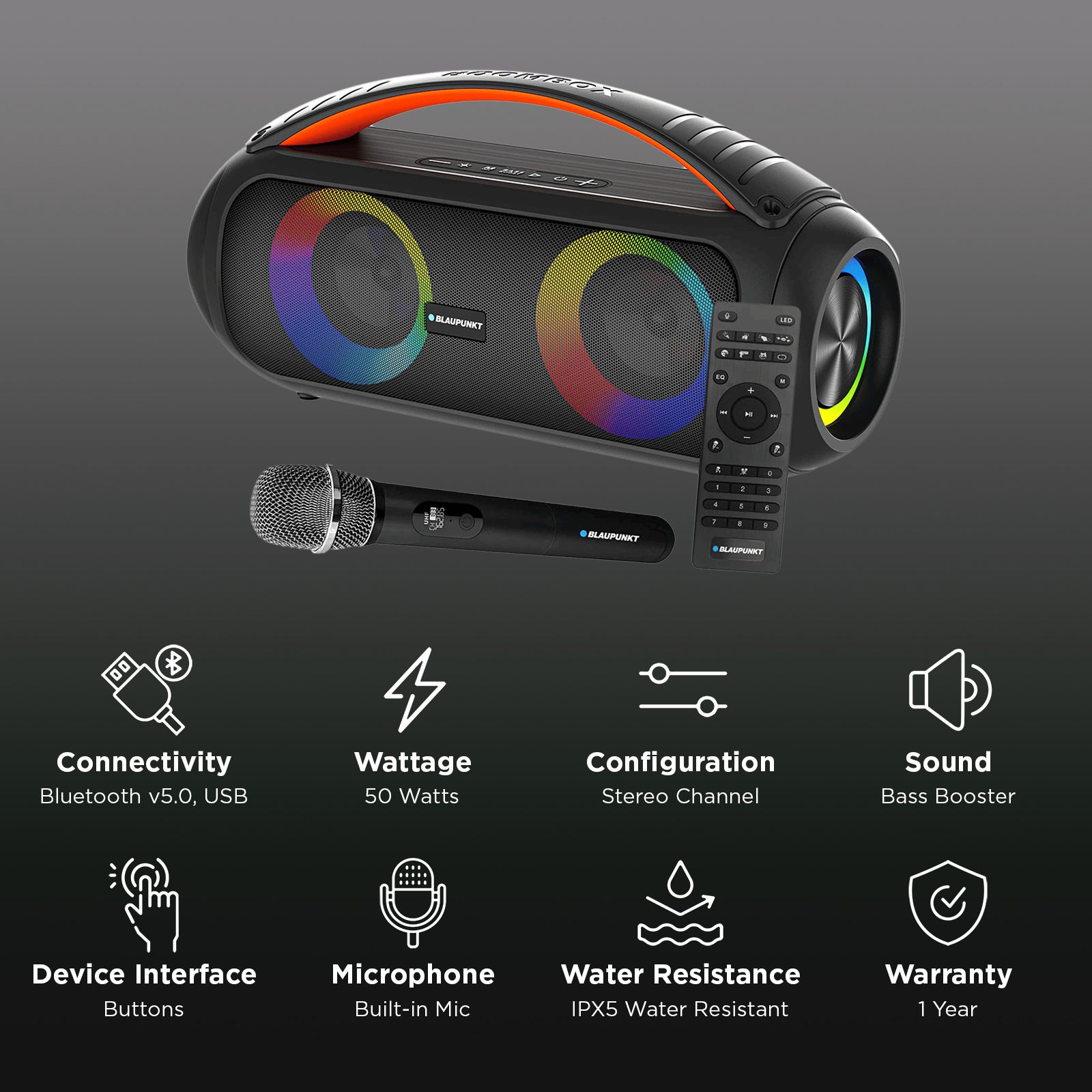 Blaupunkt Atomik BB50 50W Bluetooth Party Speaker with Mic (Dual Passive Radiators, Stereo Channel, Black) Blaupunkt Atomik BB50 50W Bluetooth Party Speaker with Mic (Dual Passive Radiators, Stereo Channel, Black)_3