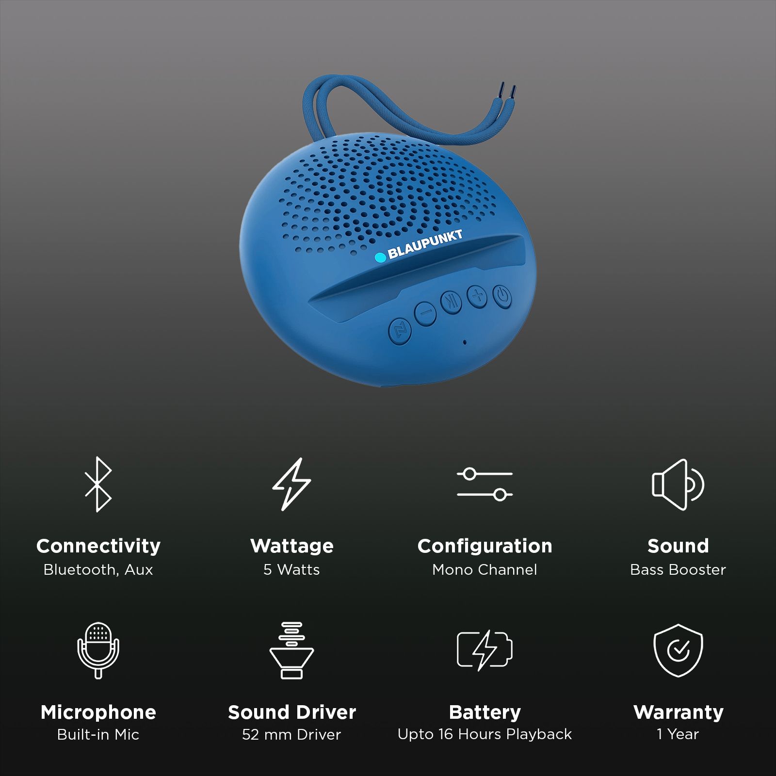 Blaupunkt BT02 5W Portable Bluetooth Speaker (52mm Speaker Driver, Mono Channel, Blue) Blaupunkt BT02 5W Portable Bluetooth Speaker (52mm Speaker Driver, Mono Channel, Blue)_3