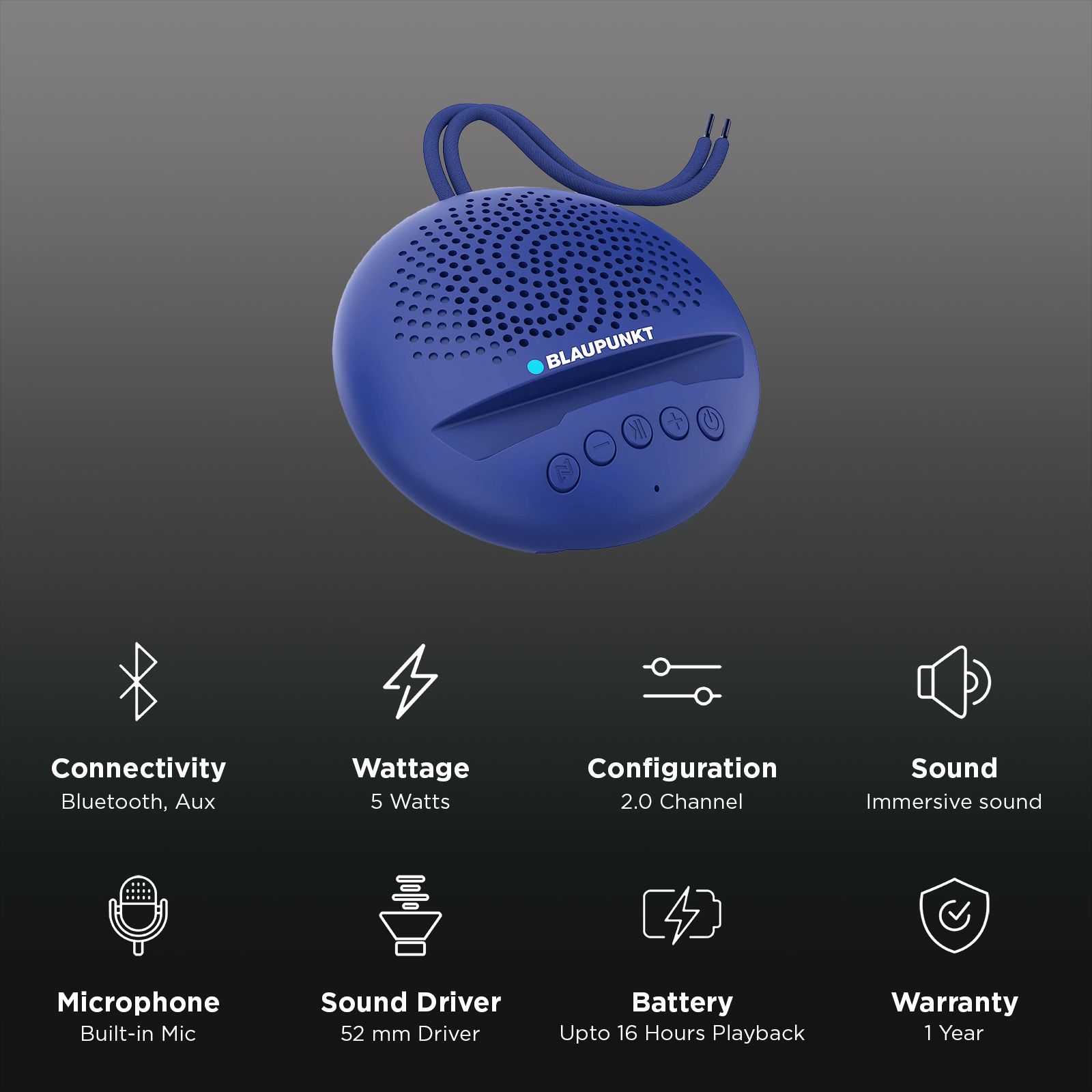 Blaupunkt BT02 5W Portable Bluetooth Speaker (52mm Speaker Driver, Mono Channel, Royal Blue) Blaupunkt BT02 5W Portable Bluetooth Speaker (52mm Speaker Driver, Mono Channel, Royal Blue)_3