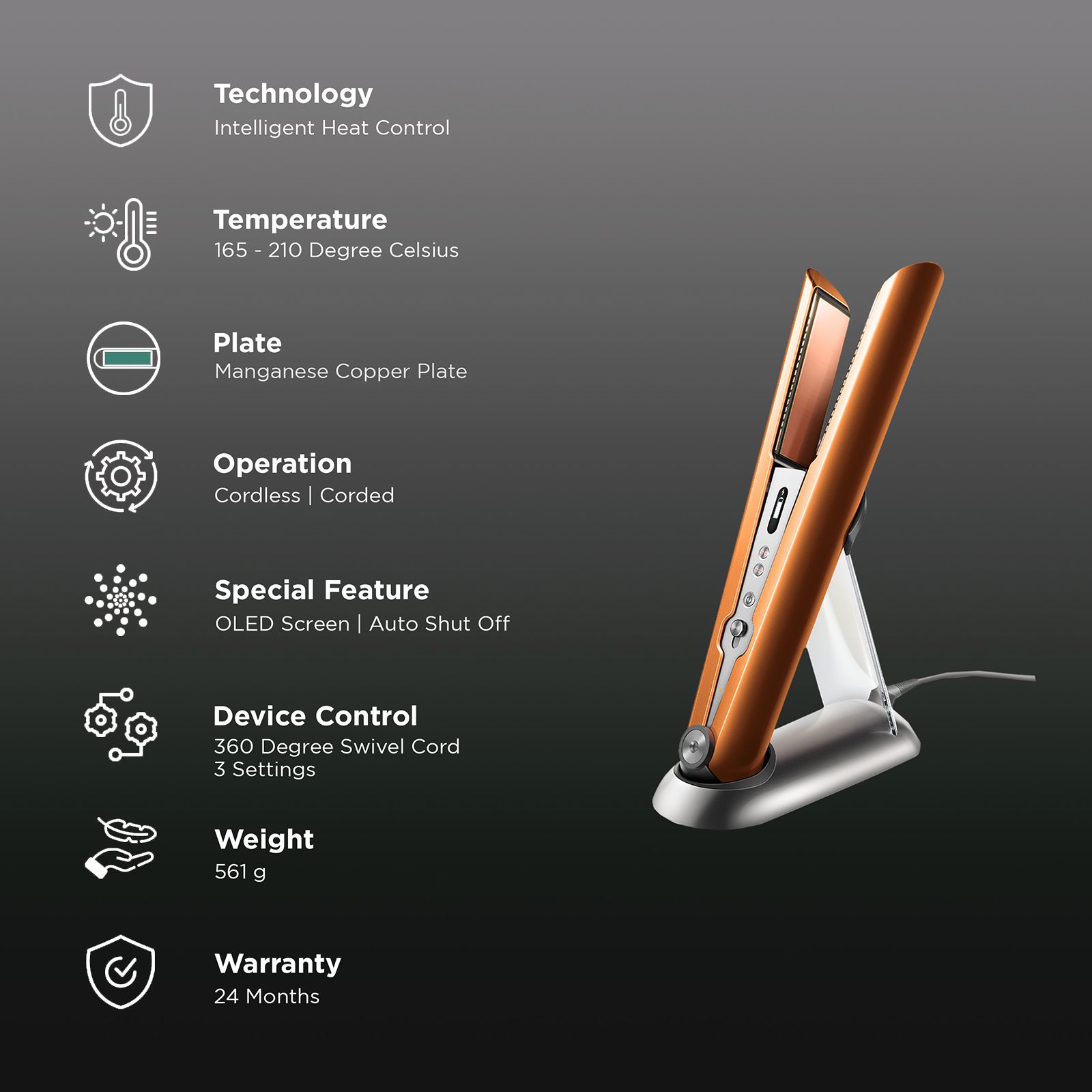 dyson Corrale Rechargeable Hair Straightener with Intelligent Heat Control (Manganese Copper Plates, Bright Copper & Bright Nickel)_3