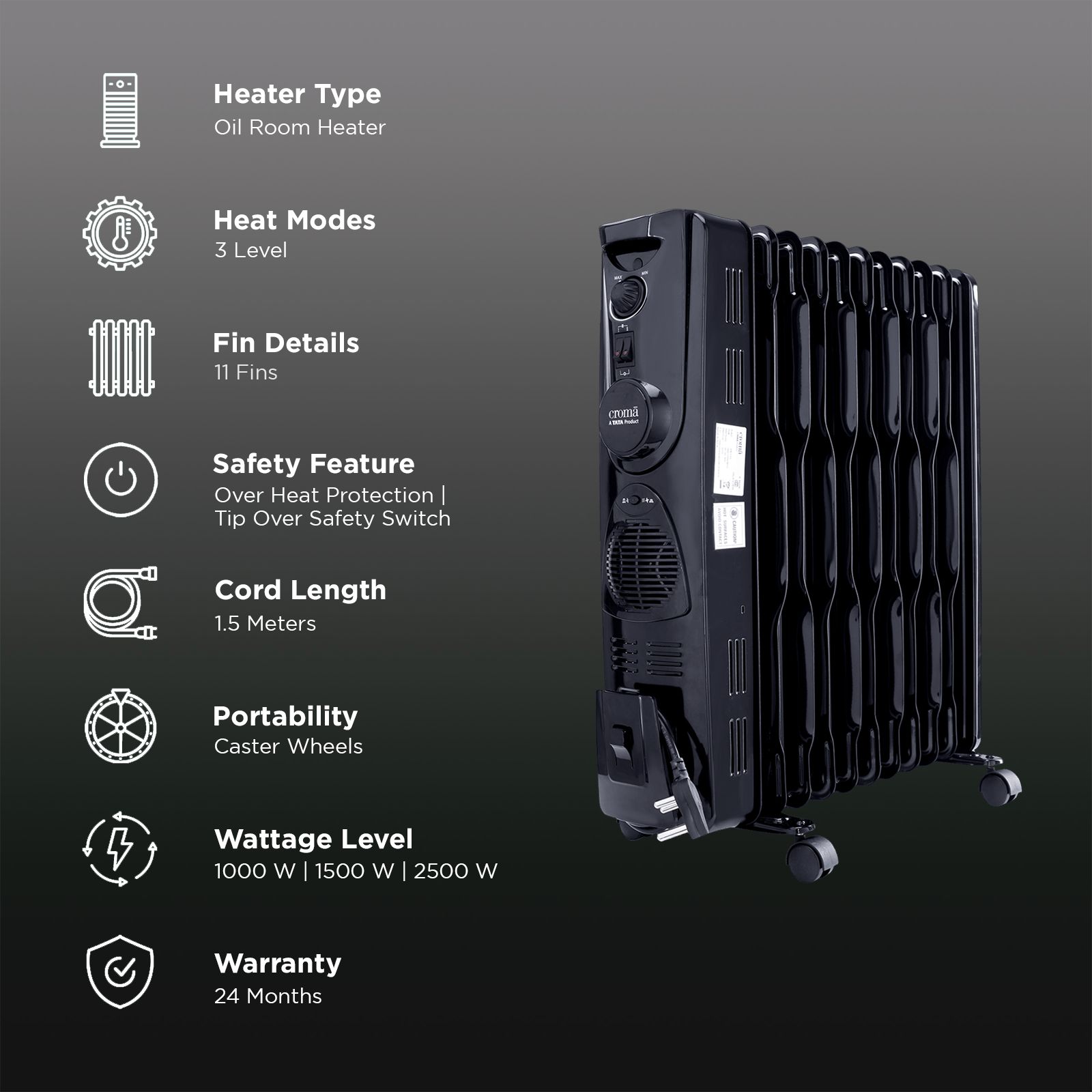 Croma 2500W PTC Oil Filled Room Heater with 11 Fins (Noiseless Operation_3