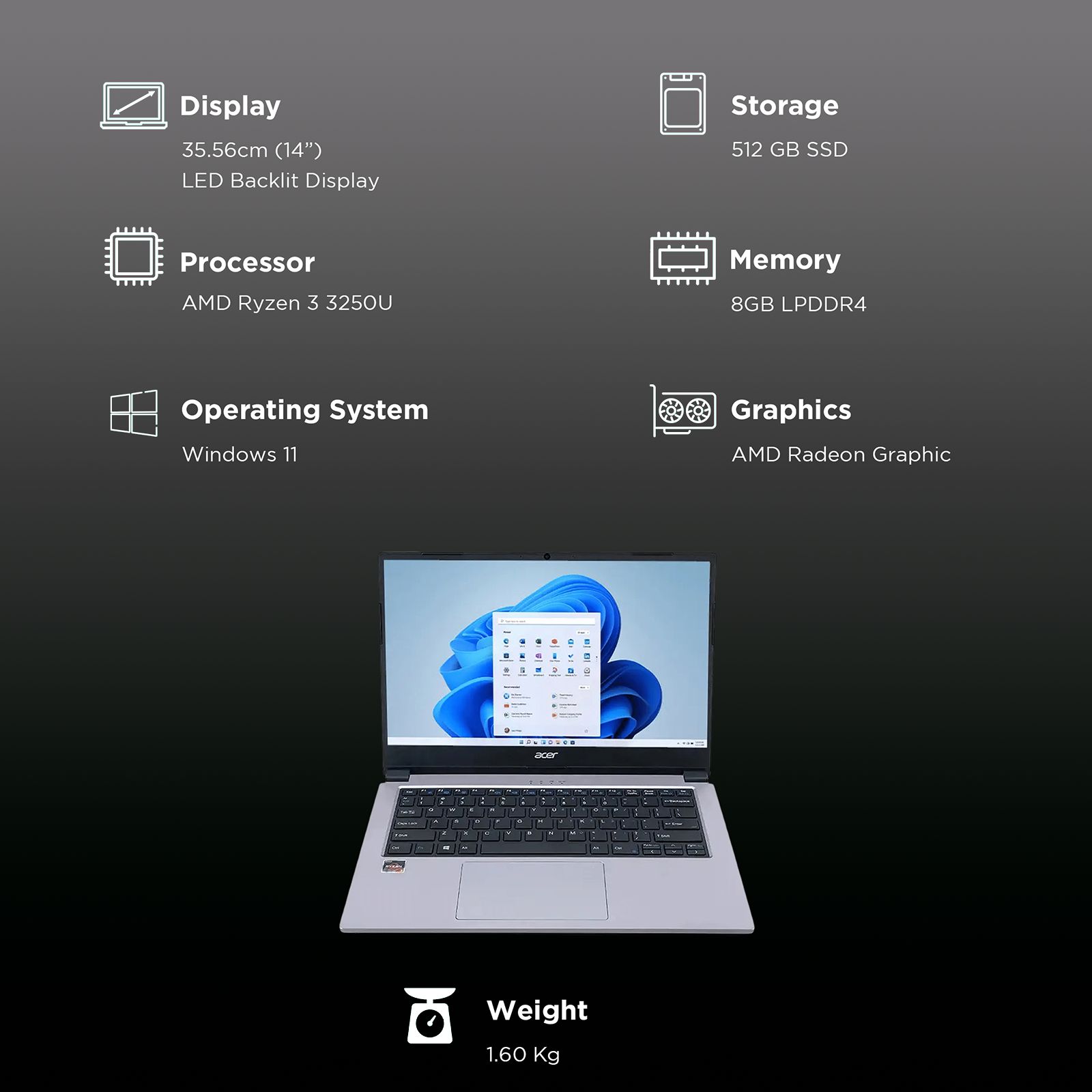 acer One Z2-493 AMD Ryzen 3 Thin and Light Laptop (8GB, 512GB SSD, Windows 11 Home, 14 inch HD Display, MS Office 2021, Rose Gold, 1.6 KG)_2