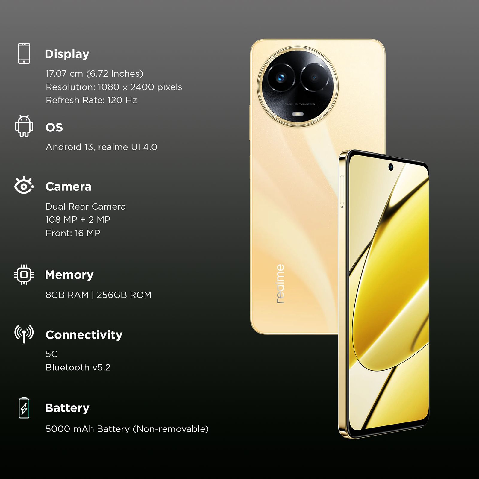 realme 11 5G (8GB RAM, 256GB, Glory Gold) realme 11 5G (8GB RAM, 256GB, Glory Gold)_3