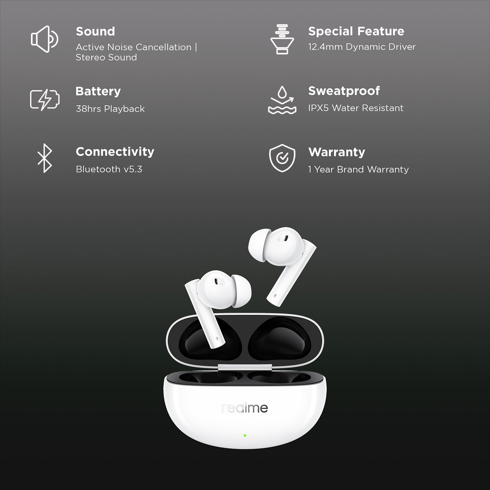 realme Buds Air 5 RMA2301 TWS Earbuds with Active Noise Cancellation (IPX5 Water Resistant, Fast Charging, Arctic White )_2