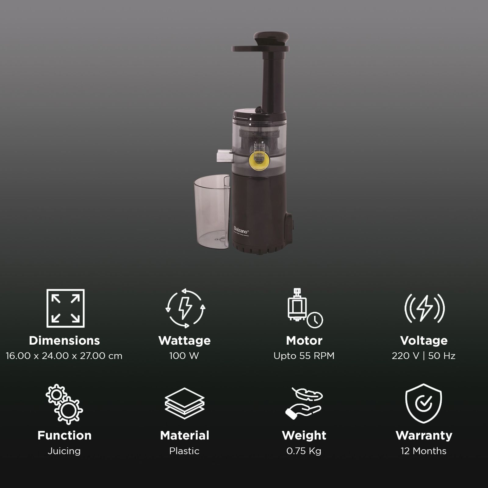 Balzano 100 Watt Cold Press Slow Juicer (55 RPM, Reverse Motor, Black) Balzano 100 Watt Cold Press Slow Juicer (55 RPM, Reverse Motor, Black)_3