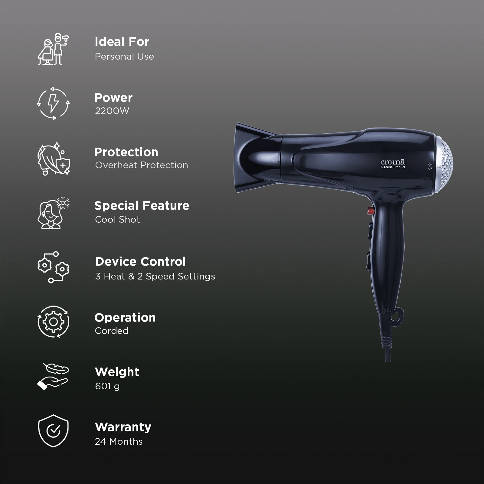 Croma 2200 W Hair Dryer with 3 Heat Setting and Cool Shot Function (Overload function, Black) Croma 2200 W Hair Dryer with 3 Heat Setting and Cool Shot Function (Overload function, Black)_3