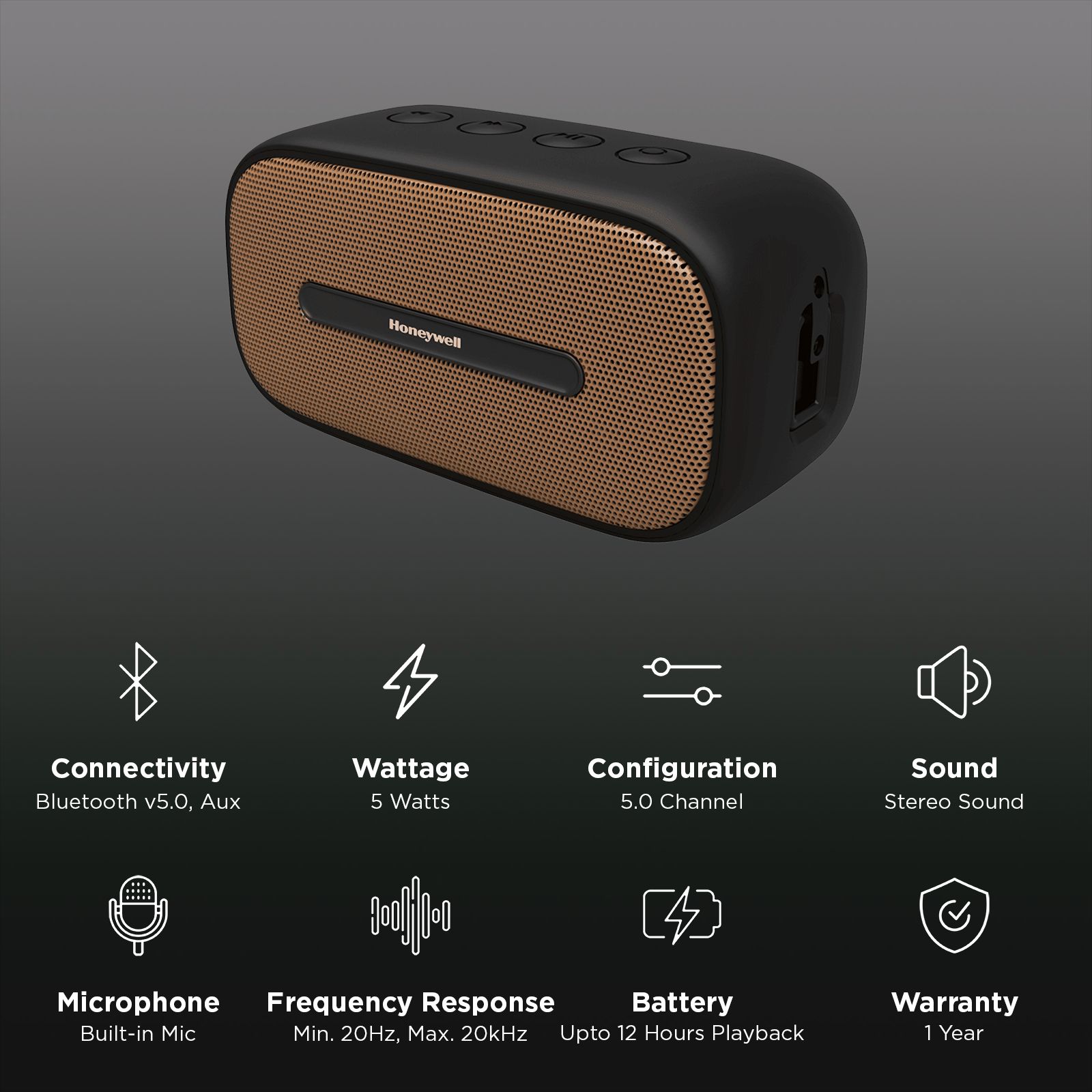 Honeywell Suono P100 5W Portable Bluetooth Speaker (IPX7 Water Proof, 52 mm Drivers, 5.0 Channel, Black)_3