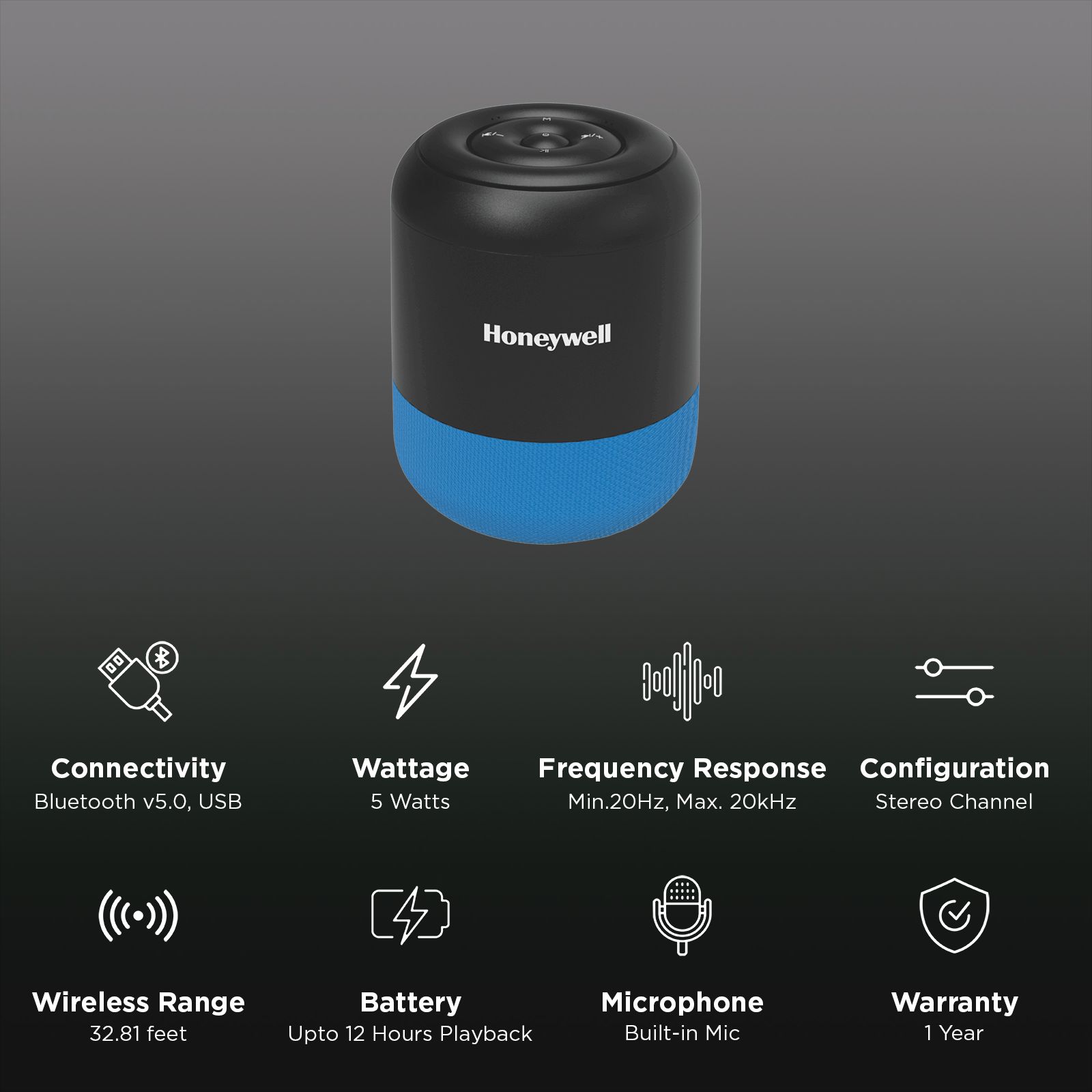 Honeywell Moxie V200 5W Portable Bluetooth Speaker (IPX4 Water Resistant, 52 mm Drivers, Stereo Channel, Blue) Honeywell Moxie V200 5W Portable Bluetooth Speaker (IPX4 Water Resistant, 52 mm Drivers, Stereo Channel, Blue)_3