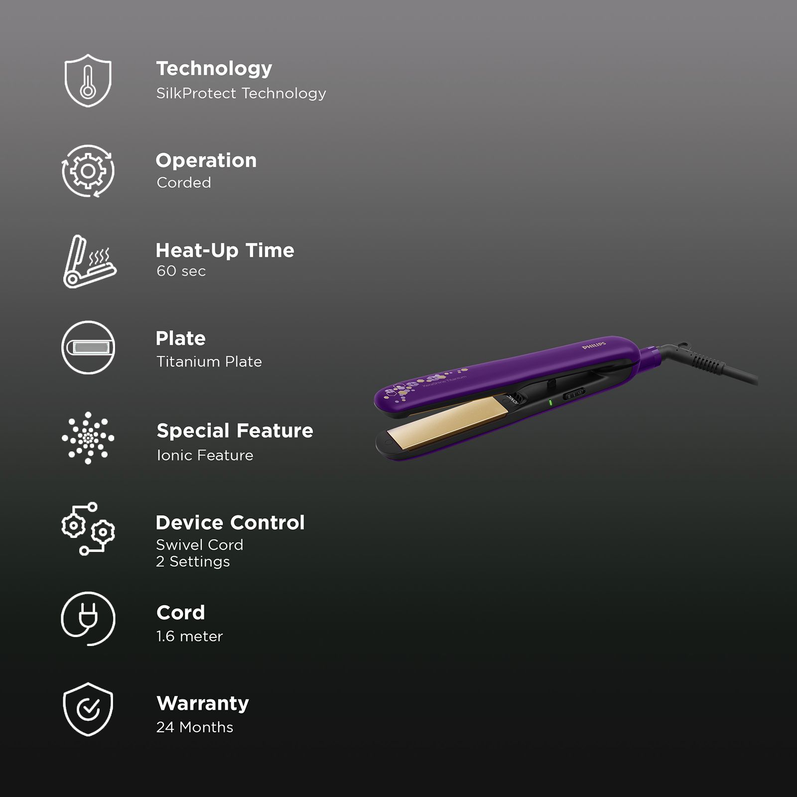 PHILIPS BHS336 Hair Straightener with SilkProtect Technology (Titanium Plates, Purple) PHILIPS BHS336 Hair Straightener with SilkProtect Technology (Titanium Plates, Purple)_3