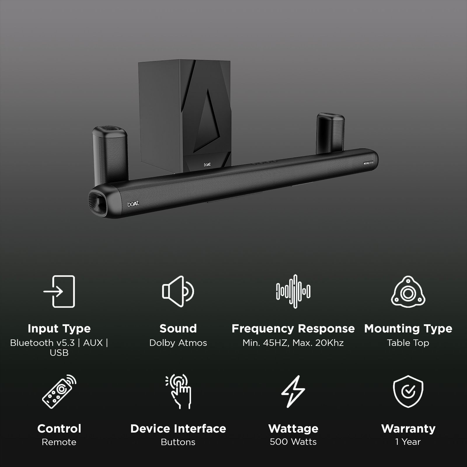 boAt Aavante Bar 5500DA 500W Bluetooth Soundbar with Remote (Dolby Atmos, 5.1.2 Channel, Premium Black) boAt Aavante Bar 5500DA 500W Bluetooth Soundbar with Remote (Dolby Atmos, 5.1.2 Channel, Premium Black)_2