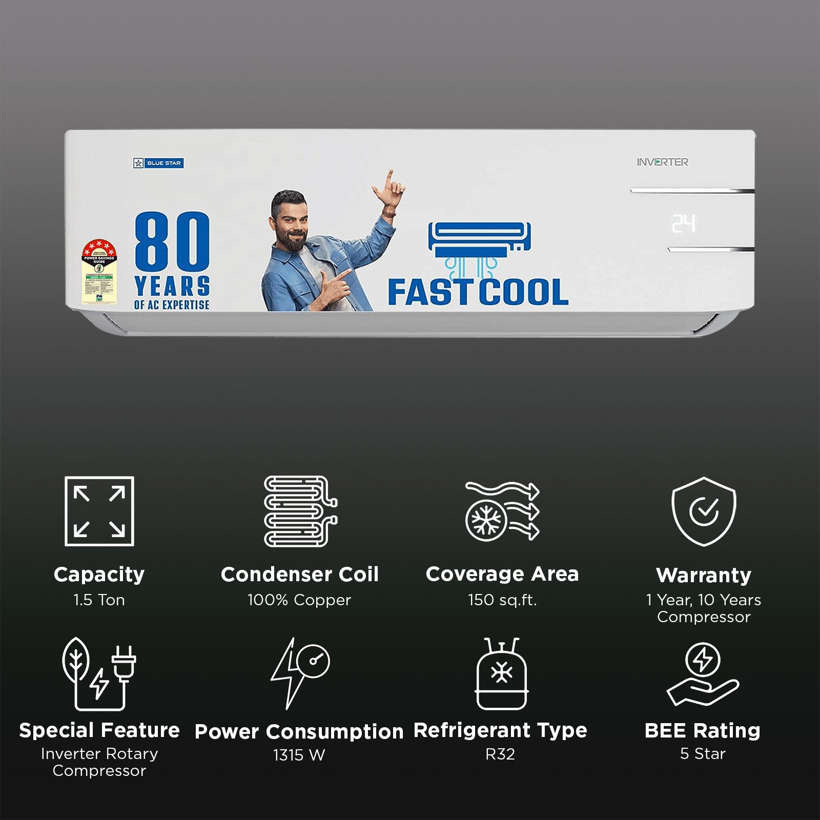 Blue Star YNUS 5 in 1 Convertible 1.5 Ton 5 Star Inverter Split Smart AC with Dust Filter (Copper Condenser, IC518YNUS) Blue Star YNUS 5 in 1 Convertible 1.5 Ton 5 Star Inverter Split Smart AC with Dust Filter (Copper Condenser, IC518YNUS)_2