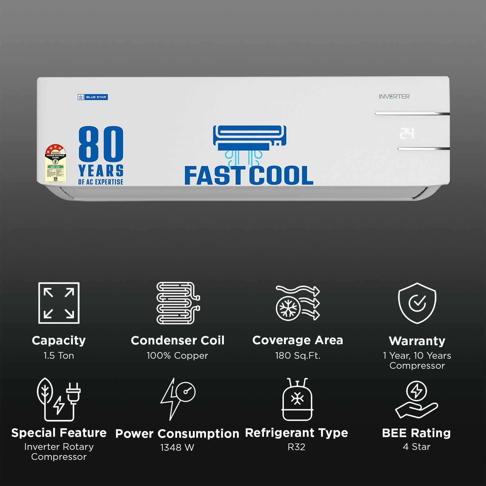 Blue Star Y Series 5 in 1 Convertible 1.5 Ton 4 Star Inverter Split AC with Dust Filter (Copper Condenser, ID418YNU) Blue Star Y Series 5 in 1 Convertible 1.5 Ton 4 Star Inverter Split AC with Dust Filter (Copper Condenser, ID418YNU)_2