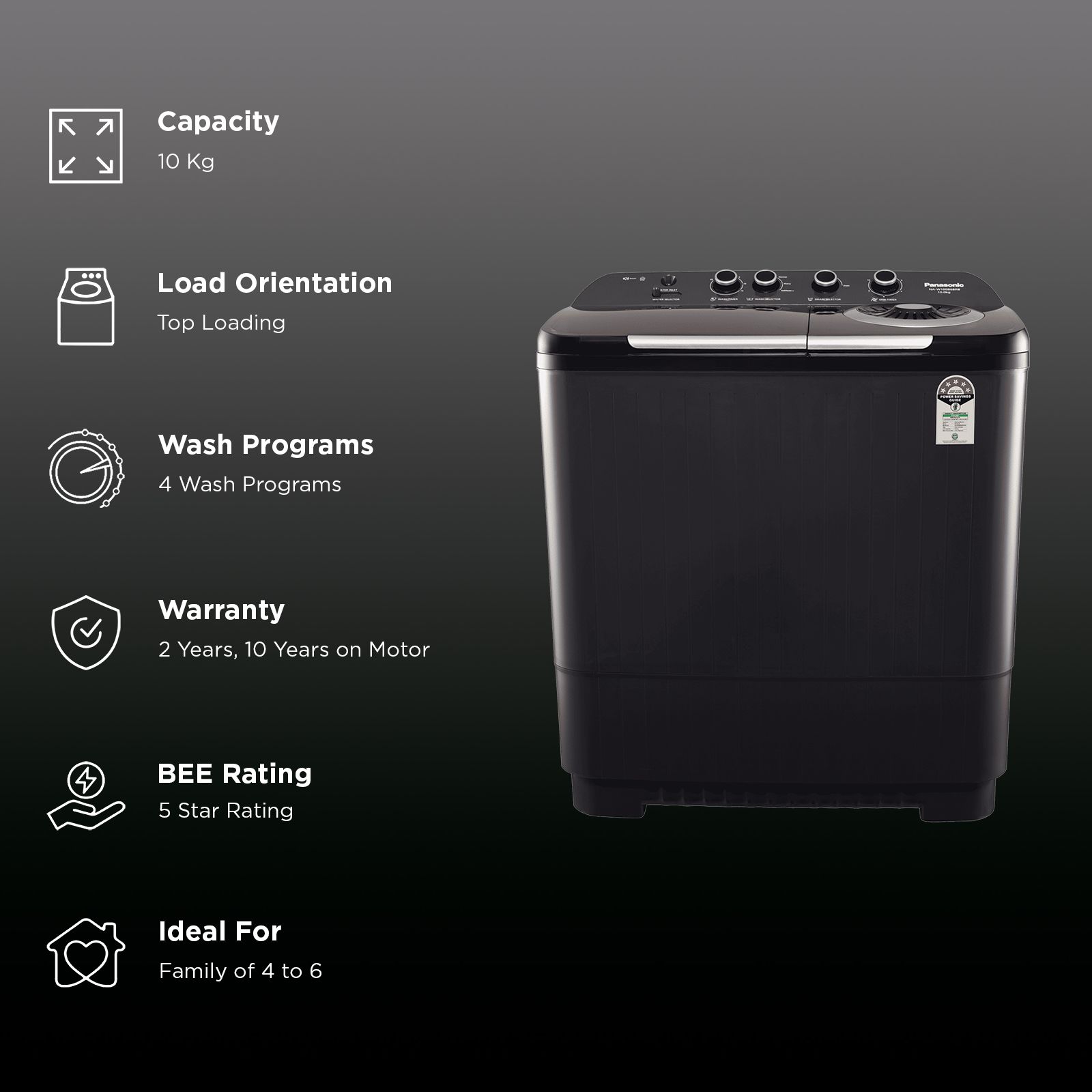 Panasonic 10 kg 5 Star Semi Automatic Washing Machine with Lint Filter (NA-W100B6BRB, Black) Panasonic 10 kg 5 Star Semi Automatic Washing Machine with Lint Filter (NA-W100B6BRB, Black)_3