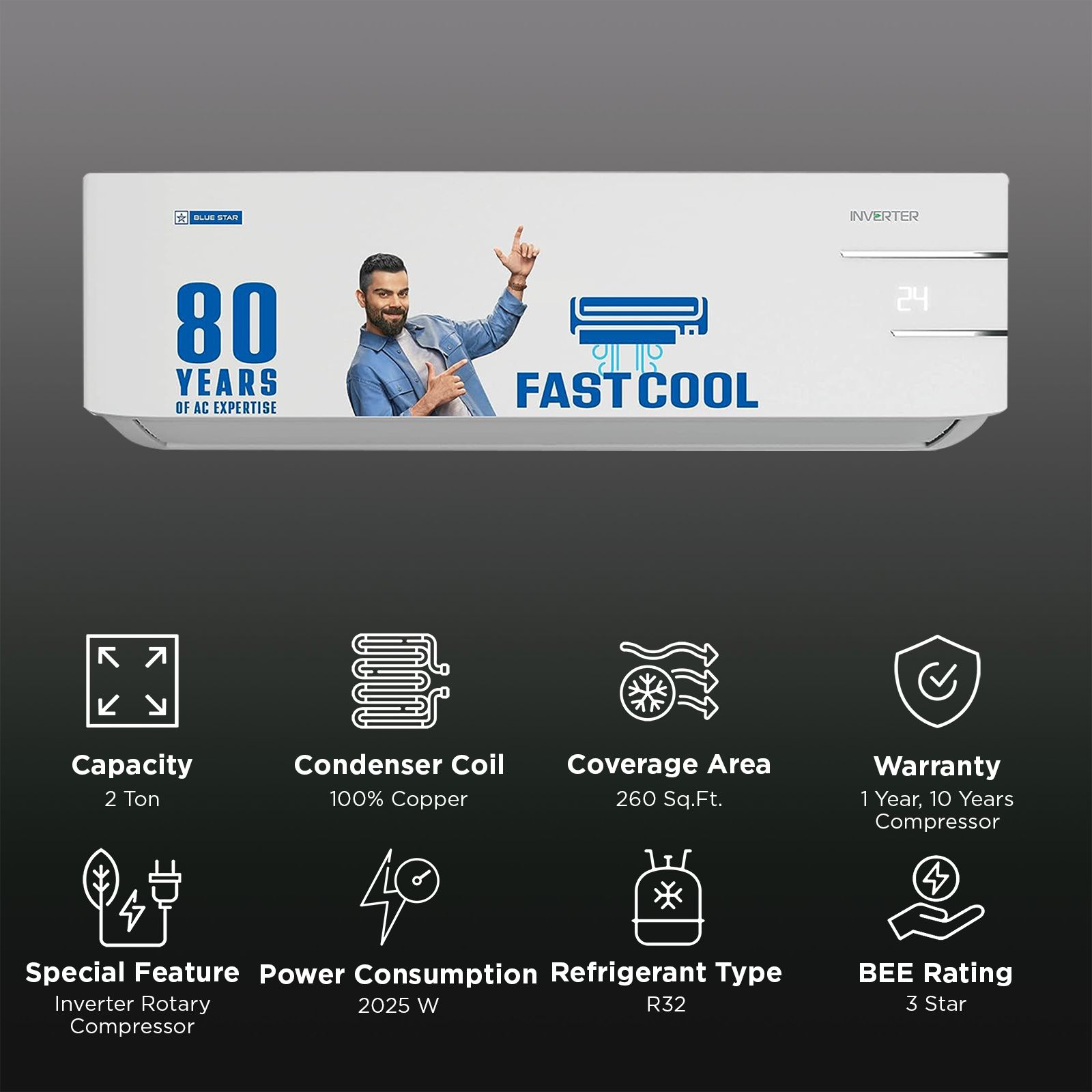 Blue Star YNU 5 in 1 Convertible 2 Ton 3 Star Inverter Split AC with Turbo Cool ( Copper Condenser, IC324YNU) Blue Star YNU 5 in 1 Convertible 2 Ton 3 Star Inverter Split AC with Turbo Cool ( Copper Condenser, IC324YNU)_2
