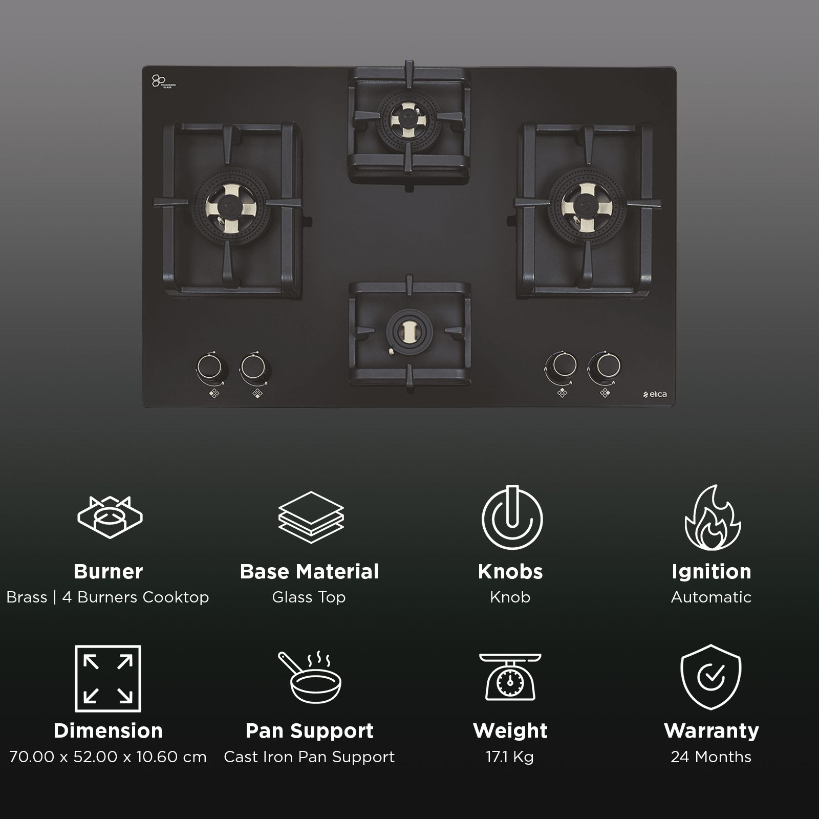 elica Flexi DFS Pro FB 4B 70 DX Glass Top 4 Burner Automatic Hob (Cast Iron Pan Support, Black Glass) elica Flexi DFS Pro FB 4B 70 DX Glass Top 4 Burner Automatic Hob (Cast Iron Pan Support, Black Glass)_3