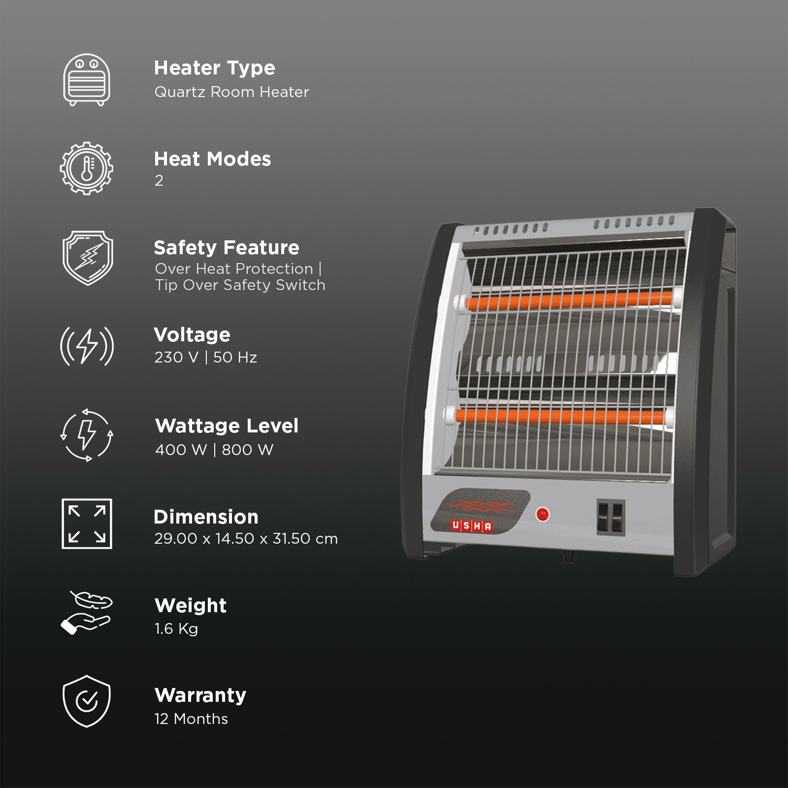 USHA QH 4302N 800W Quartz Room Heater with Low Power Consumption (Tip Over Safety Switch_3