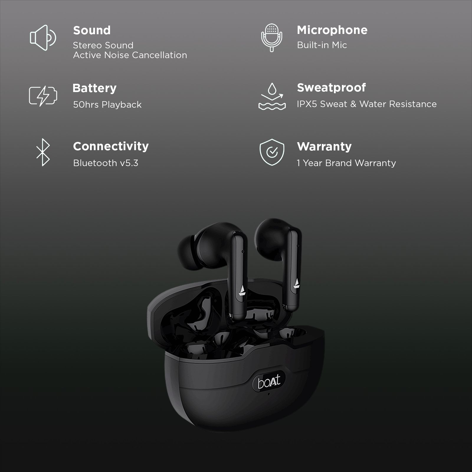 boAt Airdopes Unity TWS Earbuds with Active Noise Cancellation (IPX5 Sweat & Water Resistant, Asap Charge, Black)_2