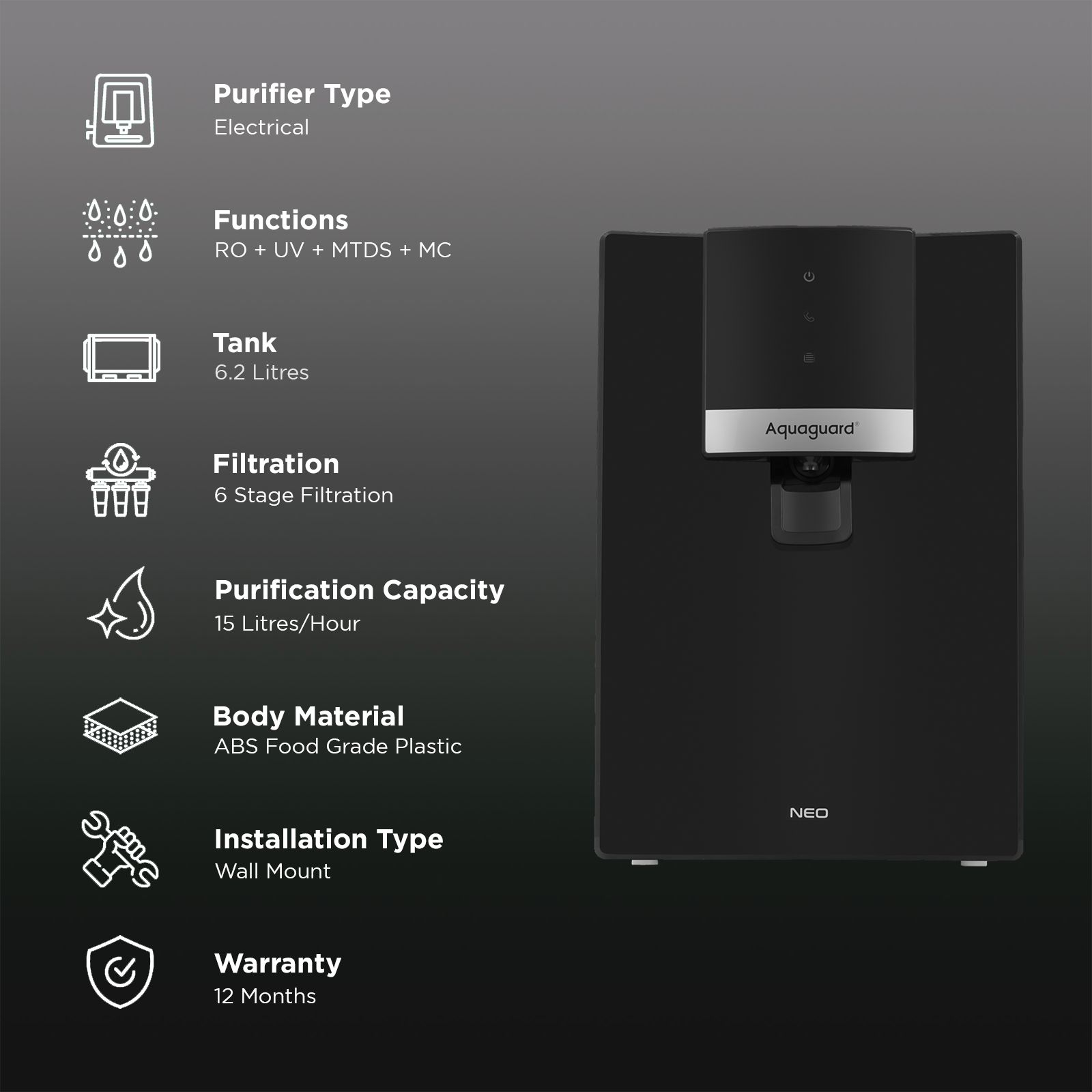 Aquaguard Neo WS 6.2L RO + UV + MC Water Purifier with RO Membrane (Black & Silver) Aquaguard Neo WS 6.2L RO + UV + MC Water Purifier with RO Membrane (Black & Silver)_3