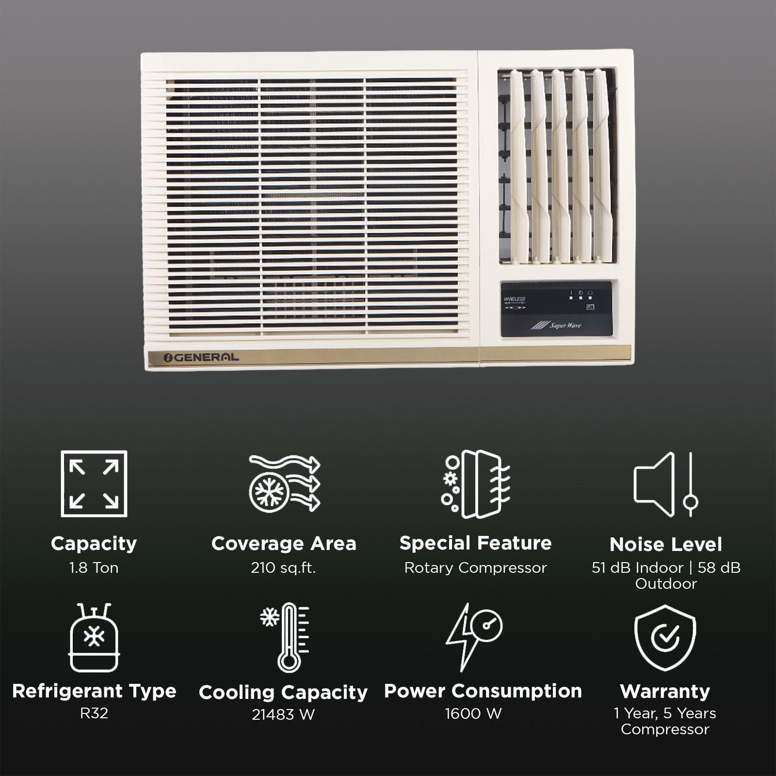 O GENERAL 1.8 Ton 4 Star Window AC (Copper Condenser, Anti Bacterial Filter, AXGB22CHAA-B) O GENERAL 1.8 Ton 4 Star Window AC (Copper Condenser, Anti Bacterial Filter, AXGB22CHAA-B)_2