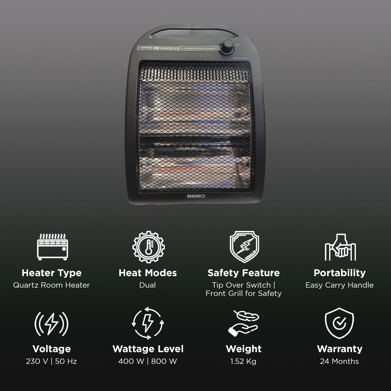 HAVELLS Bero Quartz 800W Quartz Room Heater with Rust Free Stainless Steel Reflector (Tip Over Switch for Safety_3