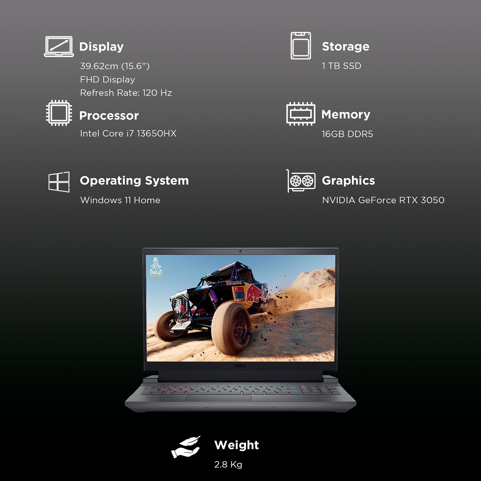 DELL G15 5530 Intel Core i7 13th Gen Laptop (16GB, 1TB SSD, Windows 11 Home, 6GB Graphics, 15.6 inch Full HD Display, MS Office 2021, Dark Shadow Gray, 2.8 KG)_3