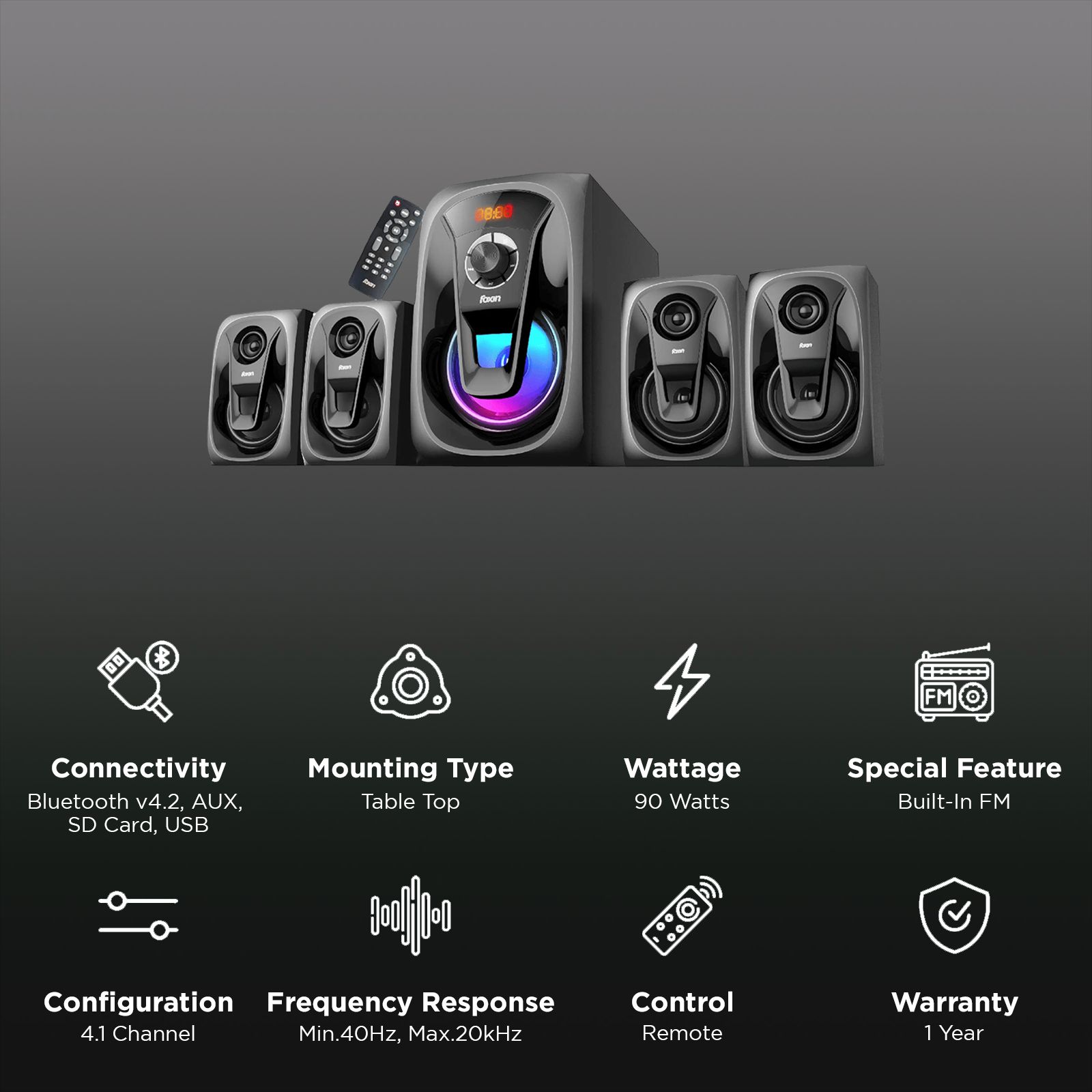 foxin FMS 5400 90W Multimedia Speaker (Bluetooth Connectivity, 4.1 Channel, Black) foxin FMS 5400 90W Multimedia Speaker (Bluetooth Connectivity, 4.1 Channel, Black)_3