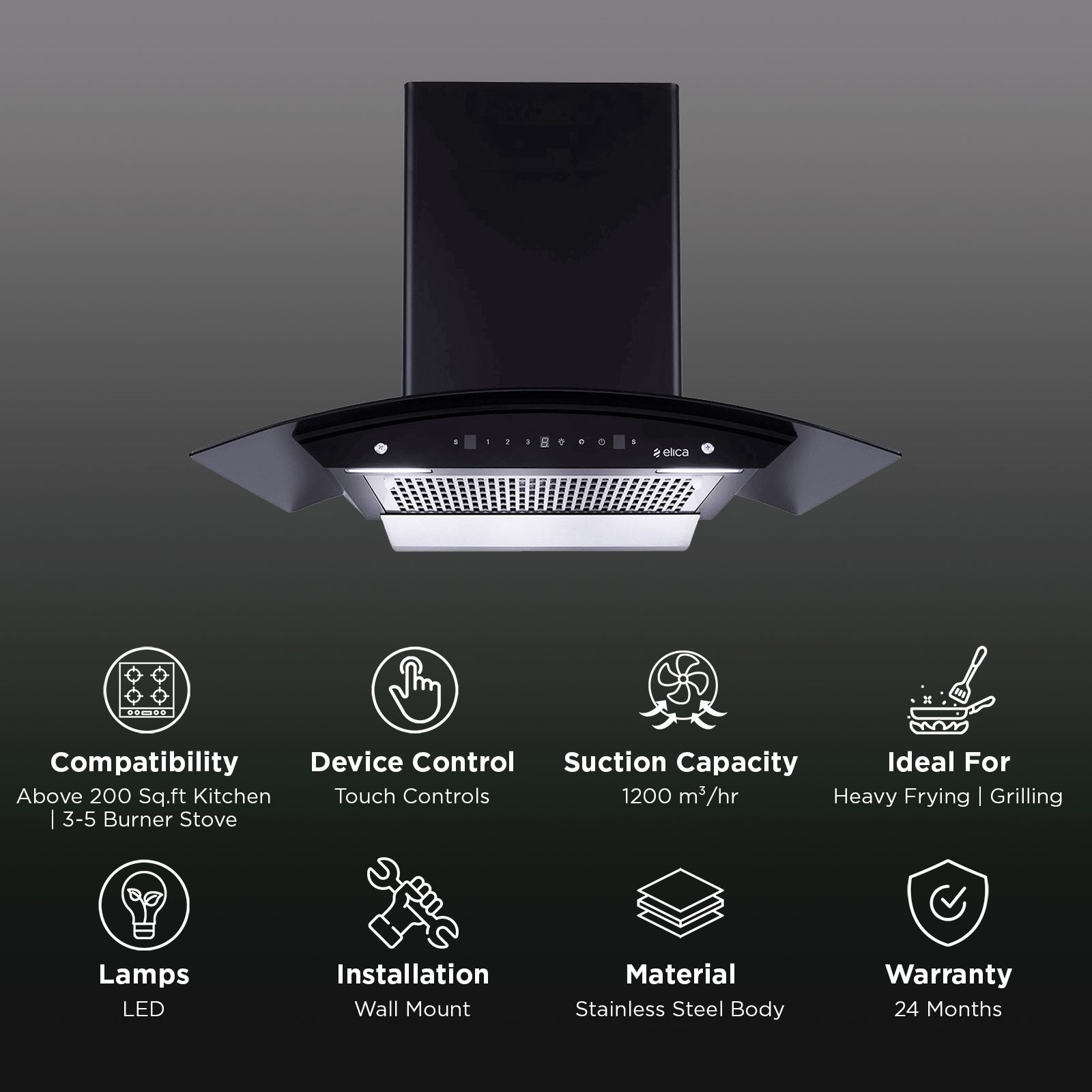 elica WDFL 906 HAC LTW MS NERO 90cm 1200m3/hr Ducted Auto Clean Wall Mounted Chimney with Motion Sensor Control (Black) elica WDFL 906 HAC LTW MS NERO 90cm 1200m3/hr Ducted Auto Clean Wall Mounted Chimney with Motion Sensor Control (Black)_3