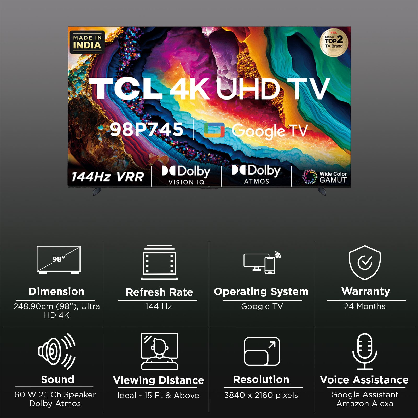 TCL P745 247 cm (98 inch) 4K Ultra HD LED Google TV with Dolby Vision and Dolby Atmos (2023 model) TCL P745 247 cm (98 inch) 4K Ultra HD LED Google TV with Dolby Vision and Dolby Atmos (2023 model)_3