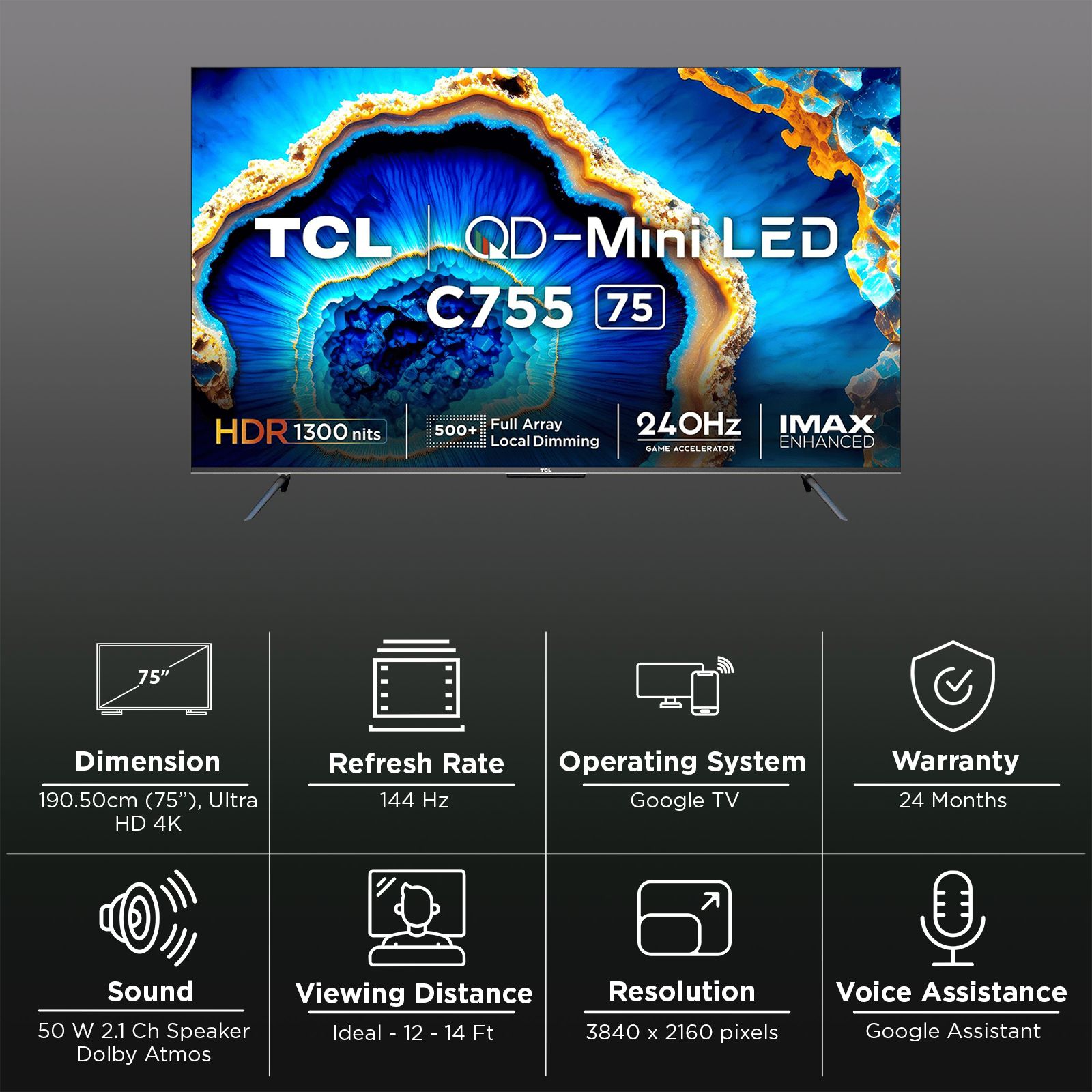 TCL C755 190 cm (75 inch) 2 Star QD Mini LED 4K Ultra HD Smart Google TV with Dolby Vision and Dolby Atmos (2023 model) TCL C755 190 cm (75 inch) 2 Star QD Mini LED 4K Ultra HD Smart Google TV with Dolby Vision and Dolby Atmos (2023 model)_3