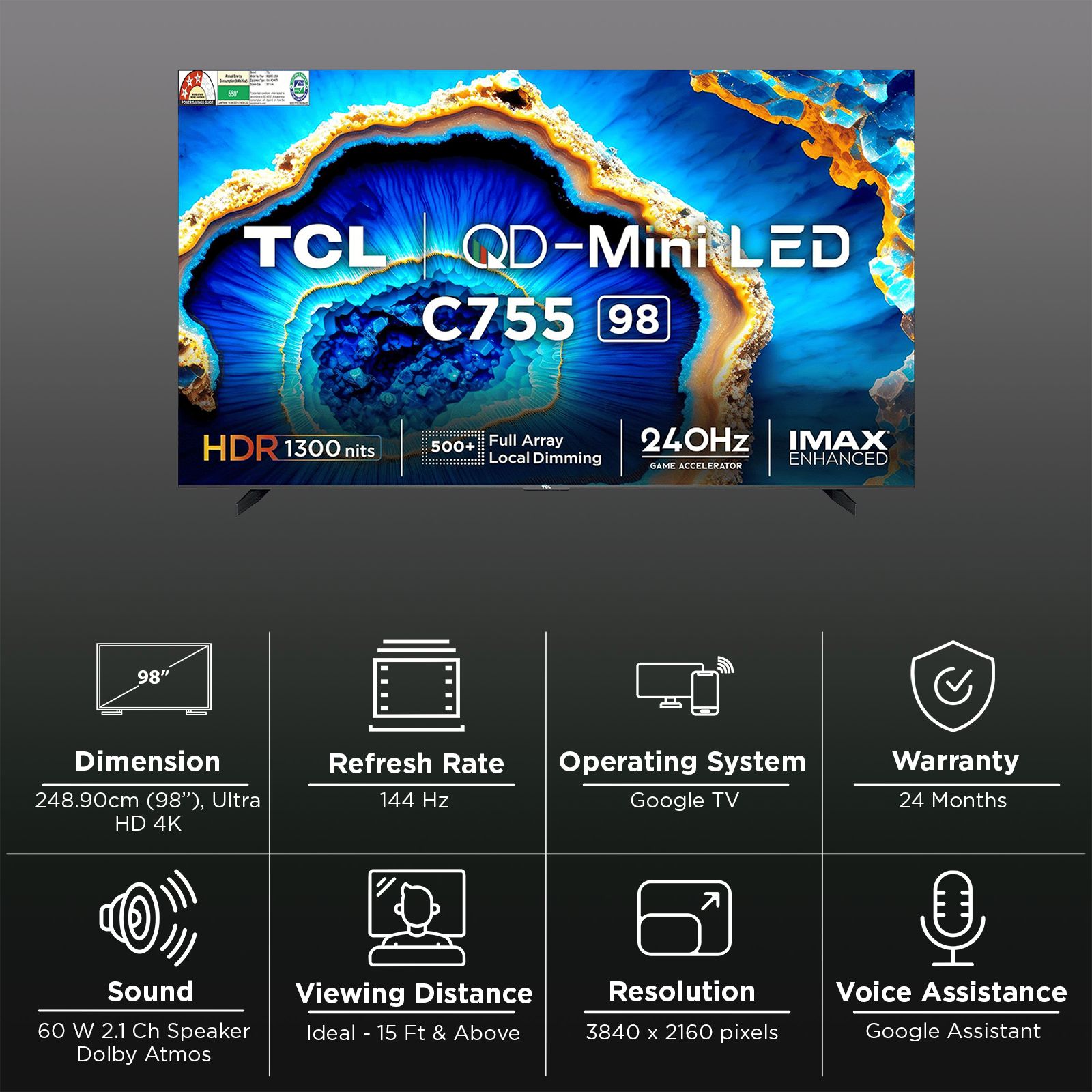 TCL C755 247 cm (98 inch) QD Mini LED 4K Ultra HD Smart Google TV with Dolby Vision and Dolby Atmos (2023 model) TCL C755 247 cm (98 inch) QD Mini LED 4K Ultra HD Smart Google TV with Dolby Vision and Dolby Atmos (2023 model)_3