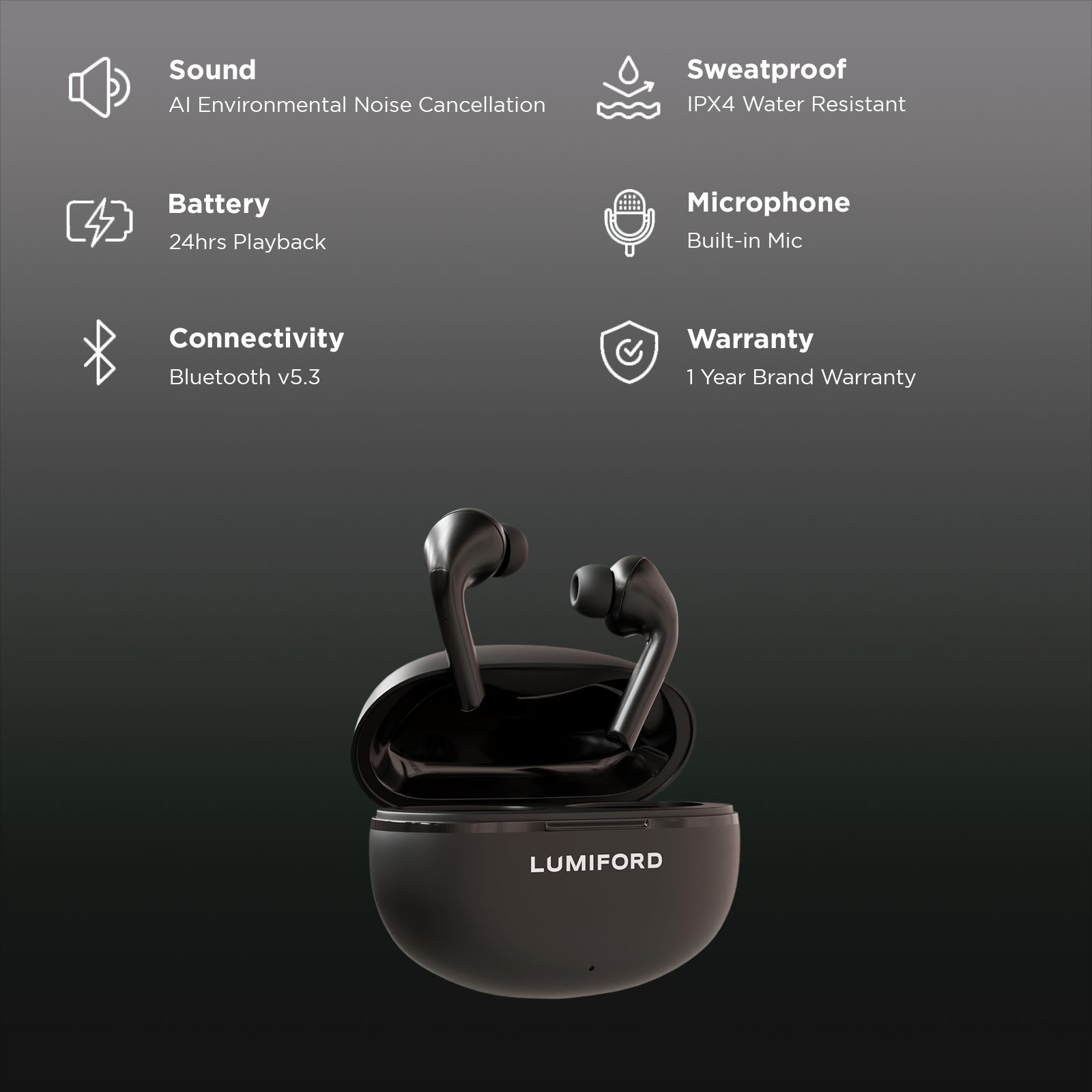 LUMIFORD Max T75 TWS Earbuds with Environmental Noise Cancellation (IPX4 Water Resistant, Smart Touch Control, Black) LUMIFORD Max T75 TWS Earbuds with Environmental Noise Cancellation (IPX4 Water Resistant, Smart Touch Control, Black)_2
