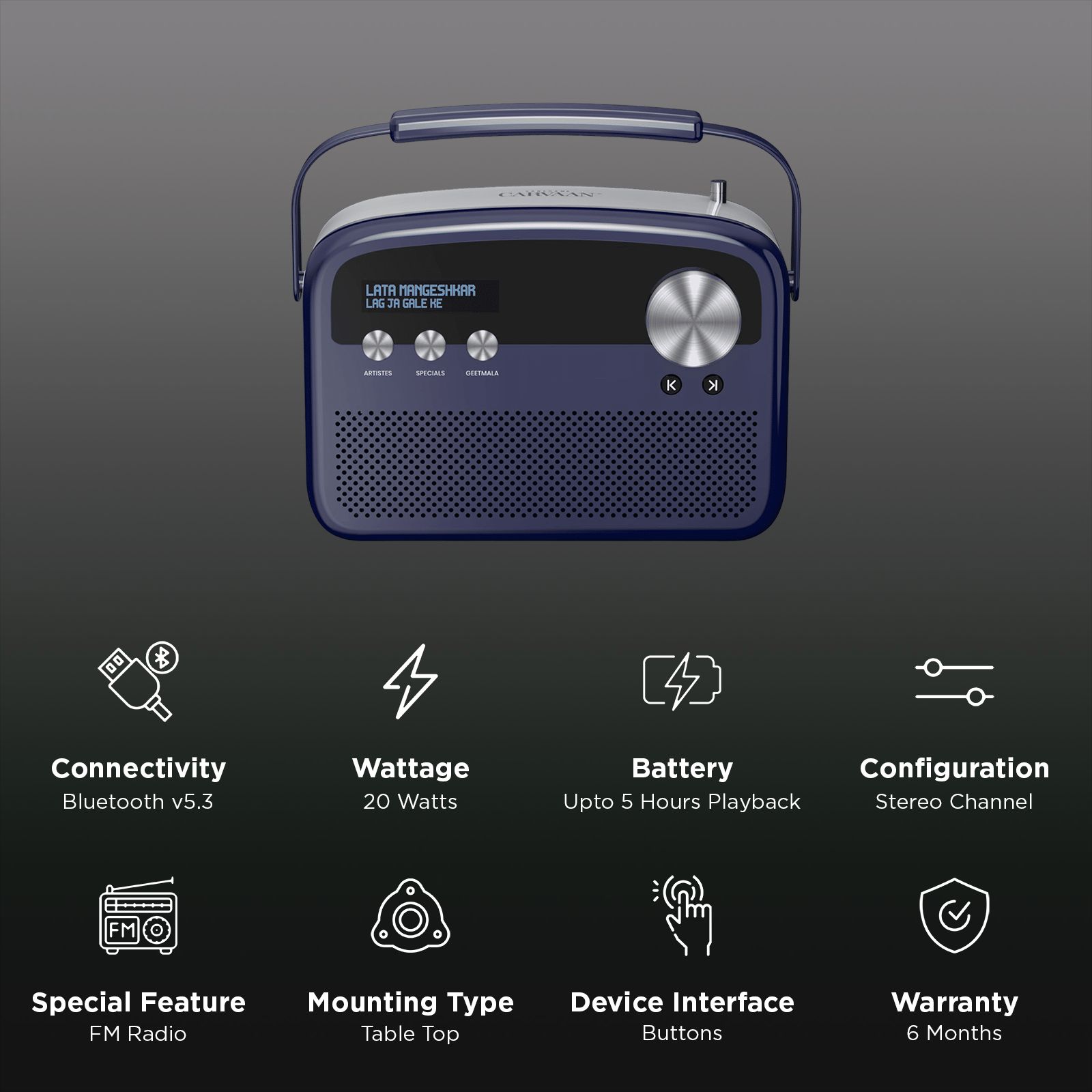 SAREGAMA Carvaan Lite 20 Watts Portable Bluetooth Speaker(5 Hours Playtime, SCL 190, Royal Blue)_3