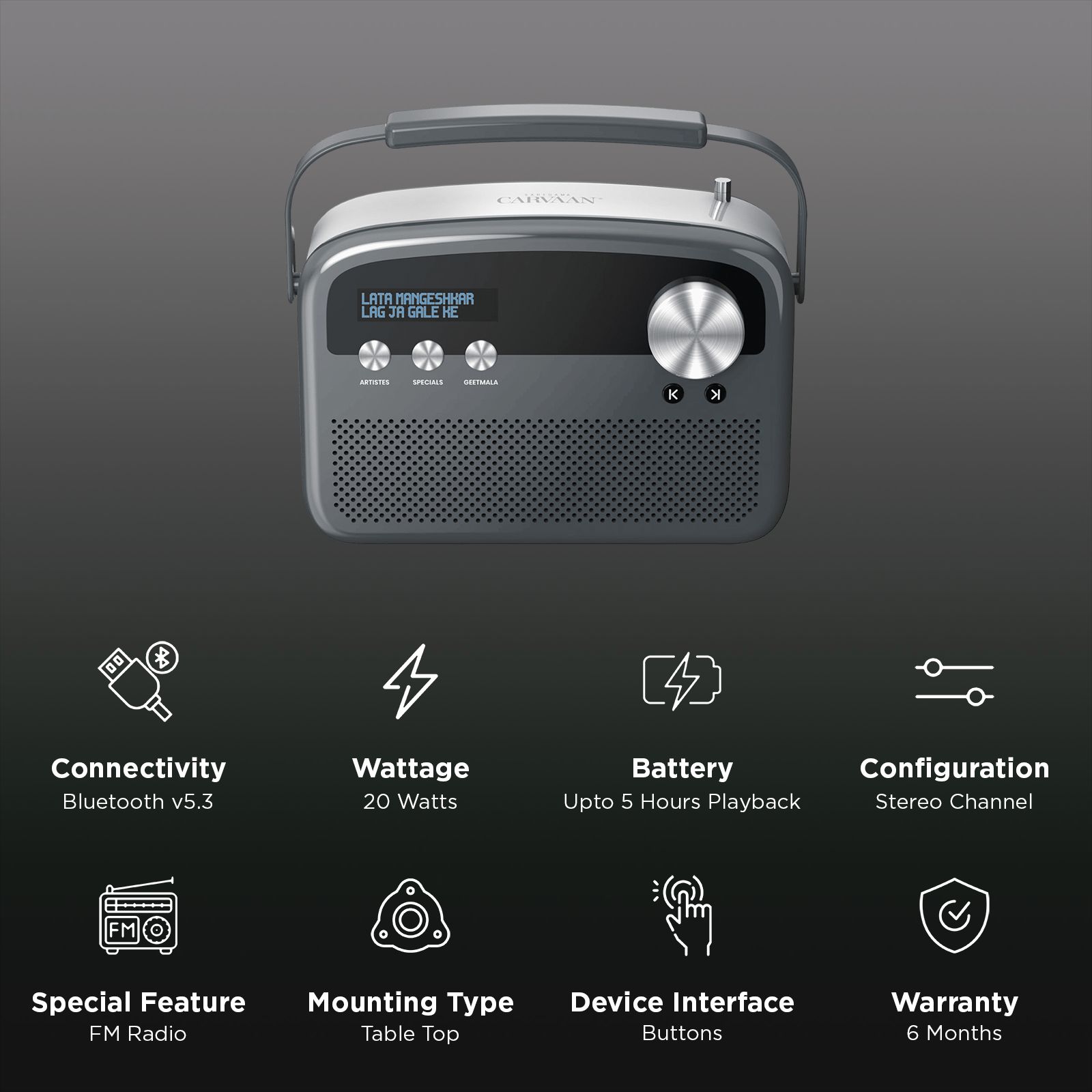 SAREGAMA Carvaan Lite 20 Watts Portable Bluetooth Speaker (5 Hours Playtime, SCL 190, Graphite Grey)_3