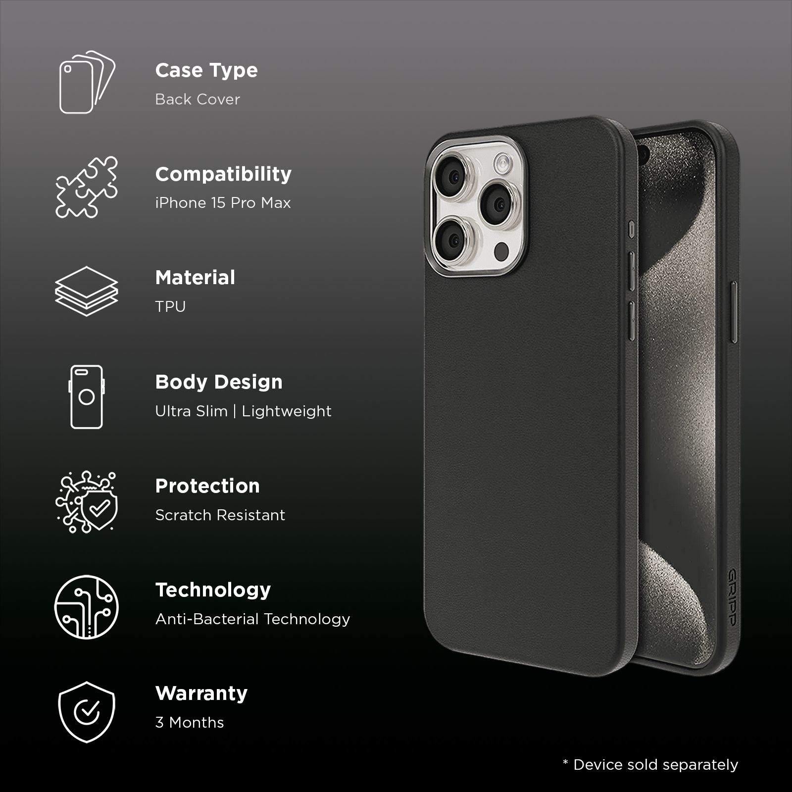 GRIPP Heritage Xtreme TPU Back Cover for Apple iPhone 15 Pro Max (5ft Drop Tested, Black) GRIPP Heritage Xtreme TPU Back Cover for Apple iPhone 15 Pro Max (5ft Drop Tested, Black)_2