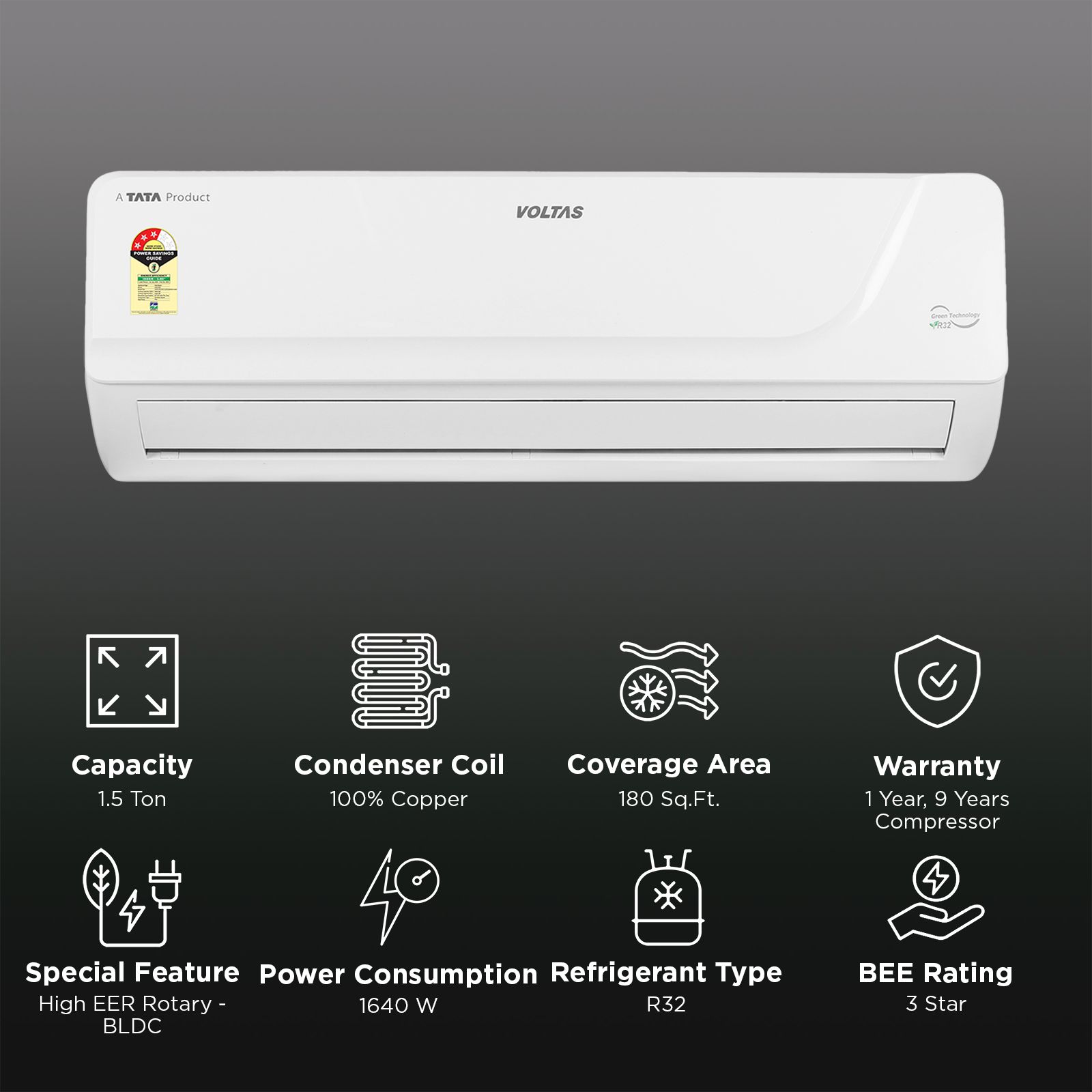 VOLTAS SAC 183VH Vectra Platina Convertible 1.5 Ton 3 Star Inverter Split AC with Self Diagnosis ( Copper Condenser) VOLTAS SAC 183VH Vectra Platina Convertible 1.5 Ton 3 Star Inverter Split AC with Self Diagnosis ( Copper Condenser)_2