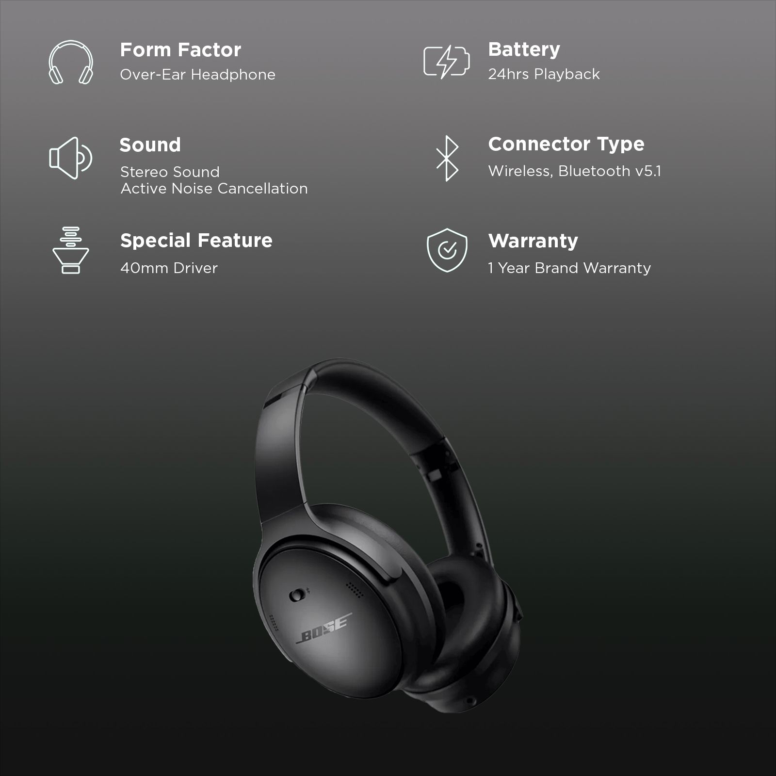 BOSE QuietComfort Bluetooth Headphone with Mic (Upto 24 Hours Playback, Over Ear, Black) BOSE QuietComfort Bluetooth Headphone with Mic (Upto 24 Hours Playback, Over Ear, Black)_2